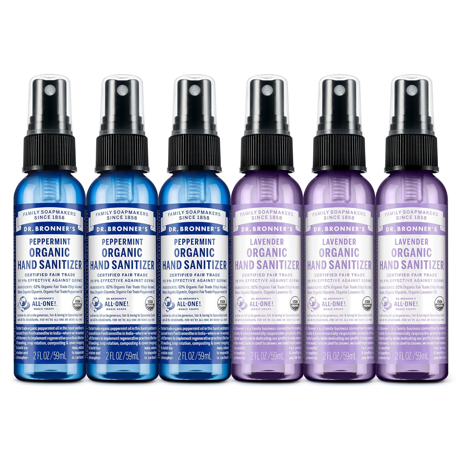 Dr. Bronner's Organic Hand Sanitizer Spray Variety Pack Travel Size Bulk, Simple & Effective Formula, Scented, No Harsh Chemicals - Lavender & Peppermint, 2oz (6-Pack)