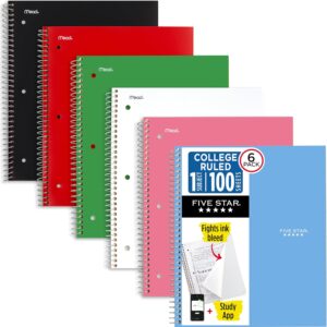 Five Star Spiral Notebook + Study App, 1 Subject, College Ruled Paper, 8.5″ x 11″, 100 Sheets, Assorted Colors, 6 Pack (820097)