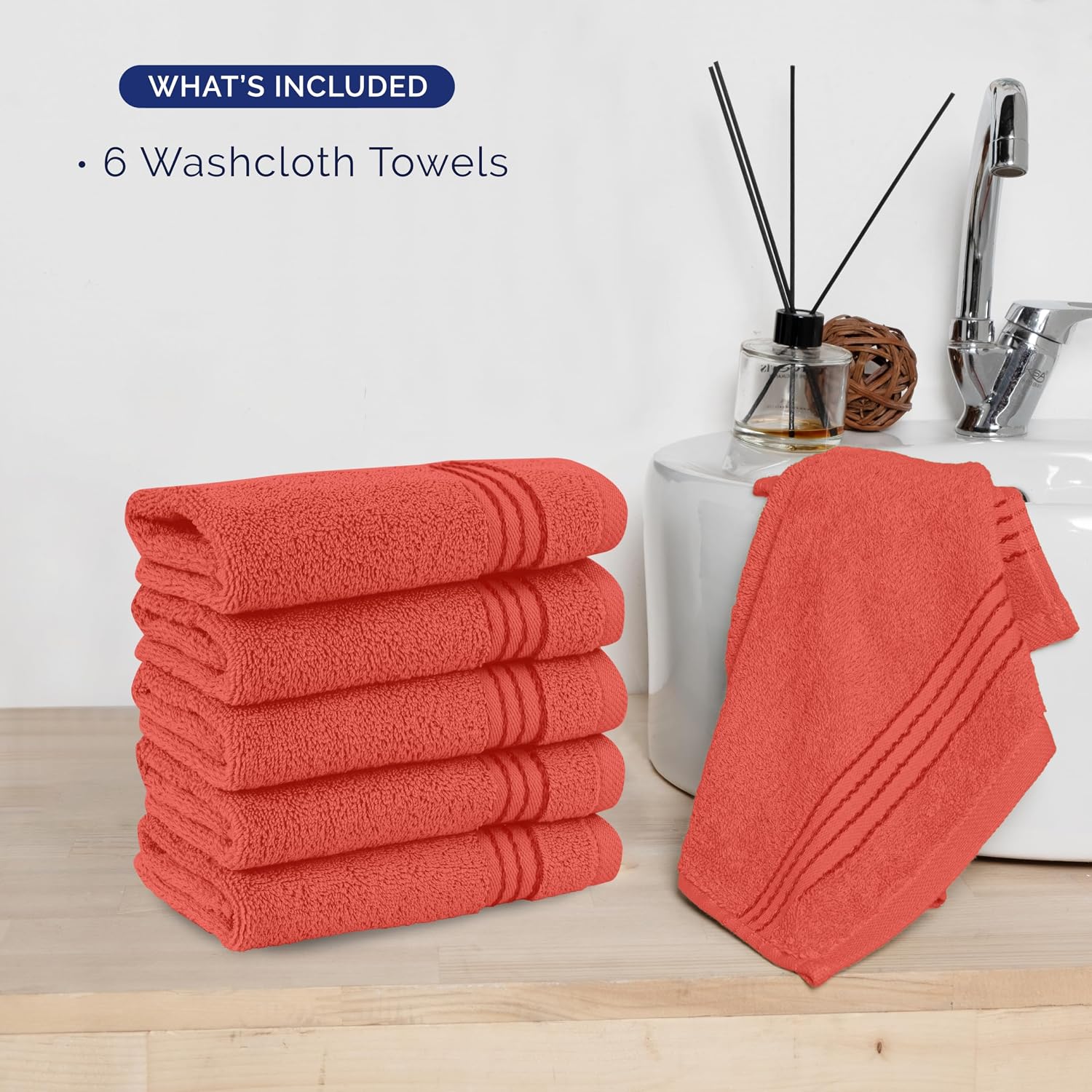Elegant Comfort Premium Turkish Cotton 6 Pack Washcloths Set - 13 x 13 inch, Luxurious Hotel Spa Quality 100% Turkish Cotton 6PC Washcloth Set - Highly Absorbent - Soft Bathroom Towels, Coral - Image 4