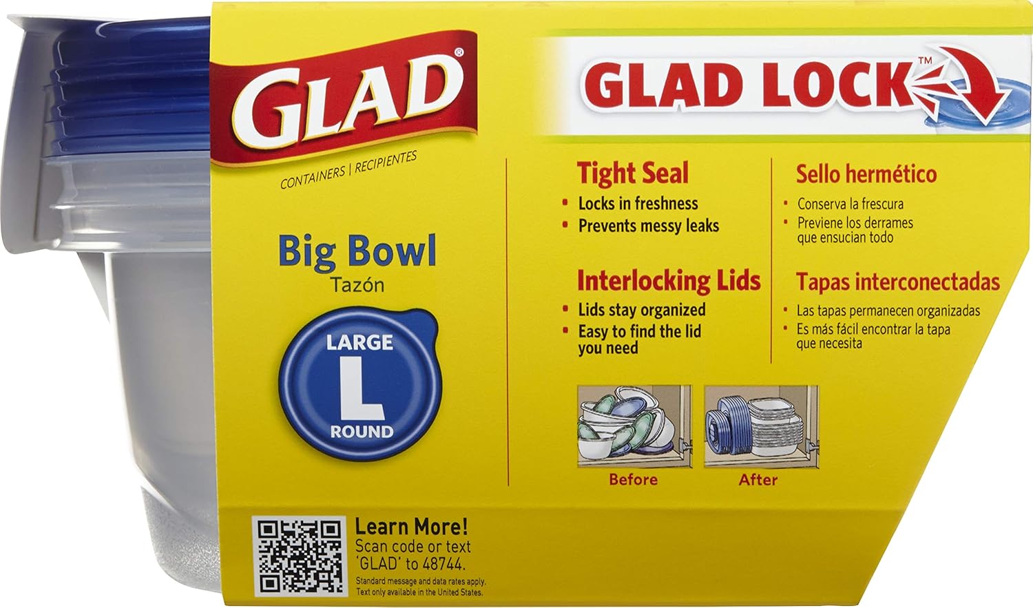 Glad GladWare Big Bowl Food Storage Containers with Lids, Large Round No BPA Plastic Containers for Soups, Salads, and Meal Prep, Lock Tight Seal, Microwave Dishwasher Safe, 48 Oz, 3 Count - Image 3