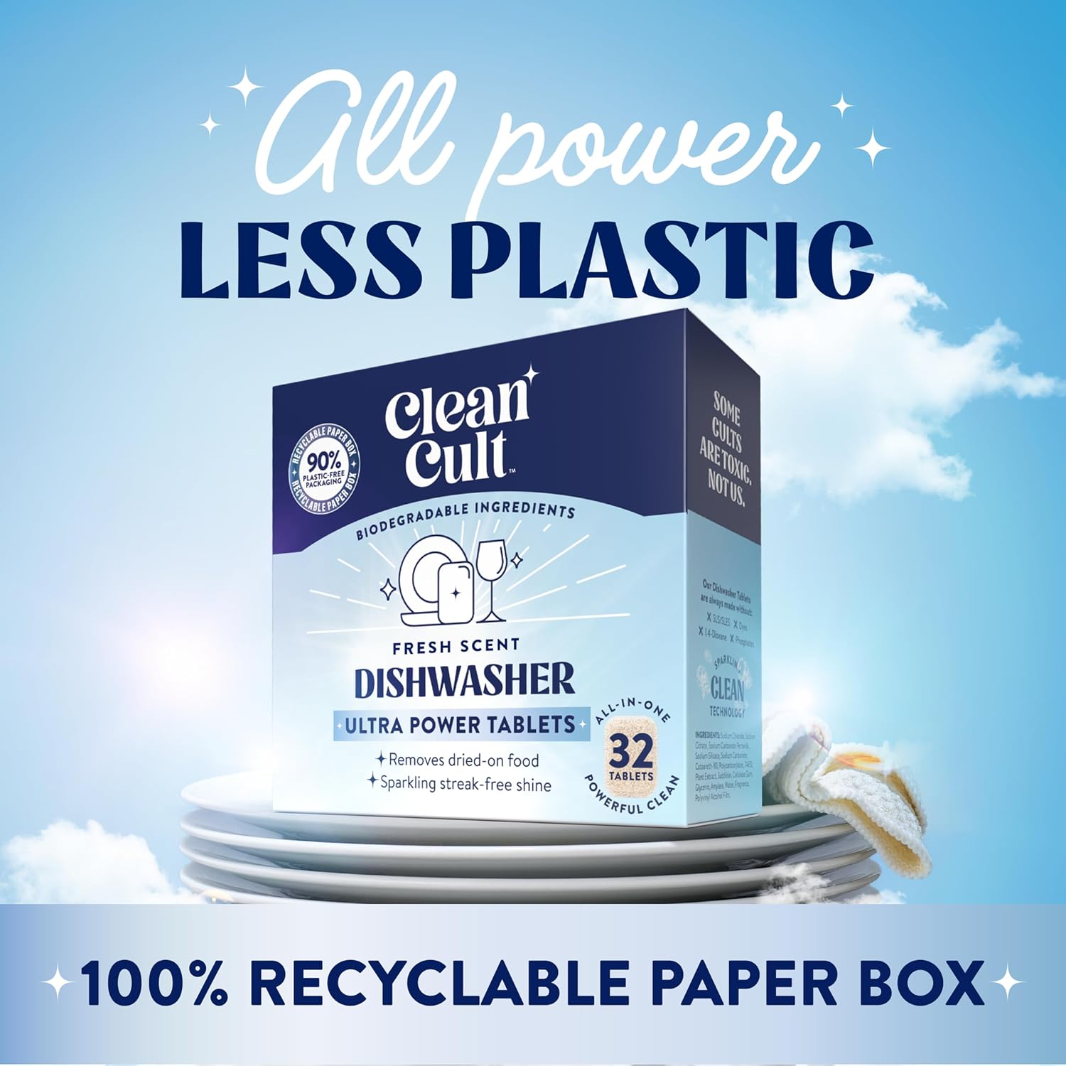 Cleancult Ultra Power Dishwasher Detergent Pods for Sparkling Streak-Free Shine, All-In-One, No Plastic Waste, 32 Count - Image 4