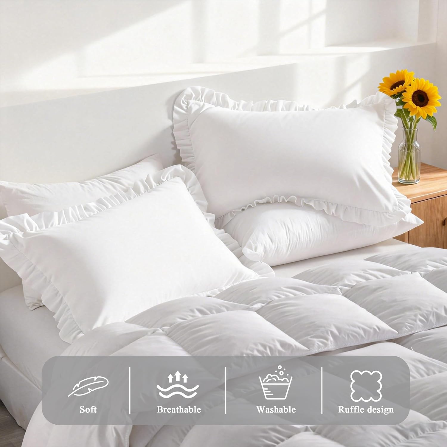 Ruffled Pillowcases, Standard Pillow Shams 20x26 Set of 2, Brushed Microfiber with Envelope Closure, Soft Wrinkle-Resistant, White - Image 5