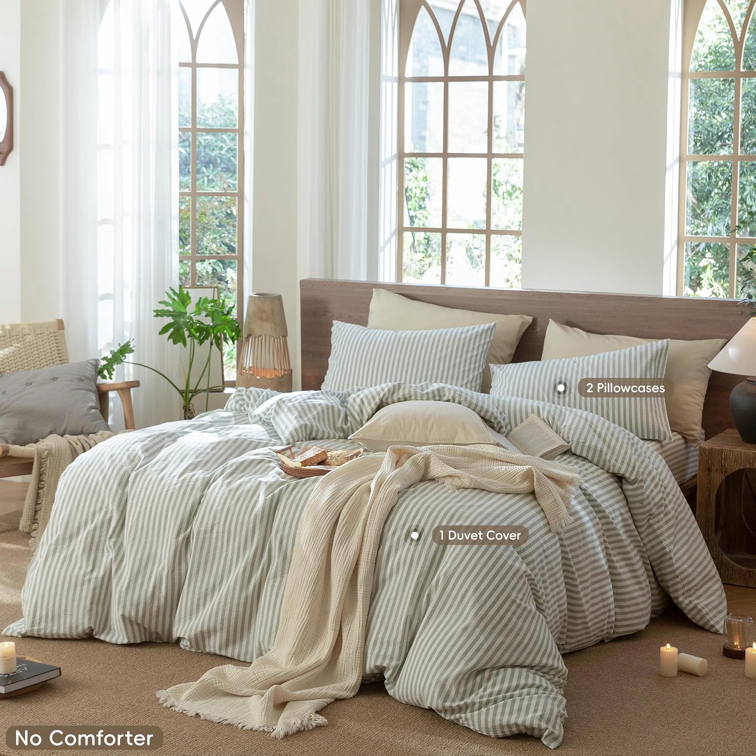 MooMee Striped Duvet Cover Set 100% Washed Cotton Linen Like Textured Breathable Durable Soft Comfy (Sage Green White Classic Stripes, Queen 90"x90") - Image 3