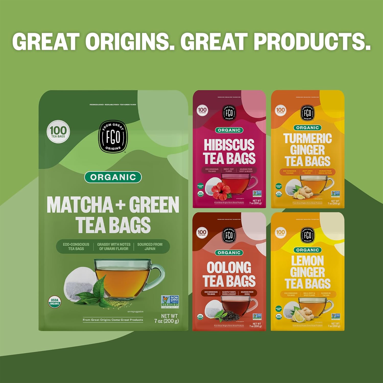 FGO Organic Japanese Matcha + Green Tea, 100 Count, Eco-Conscious Tea Bags, Resealable Bag, Packaging May Vary (Pack of 1) - Image 8