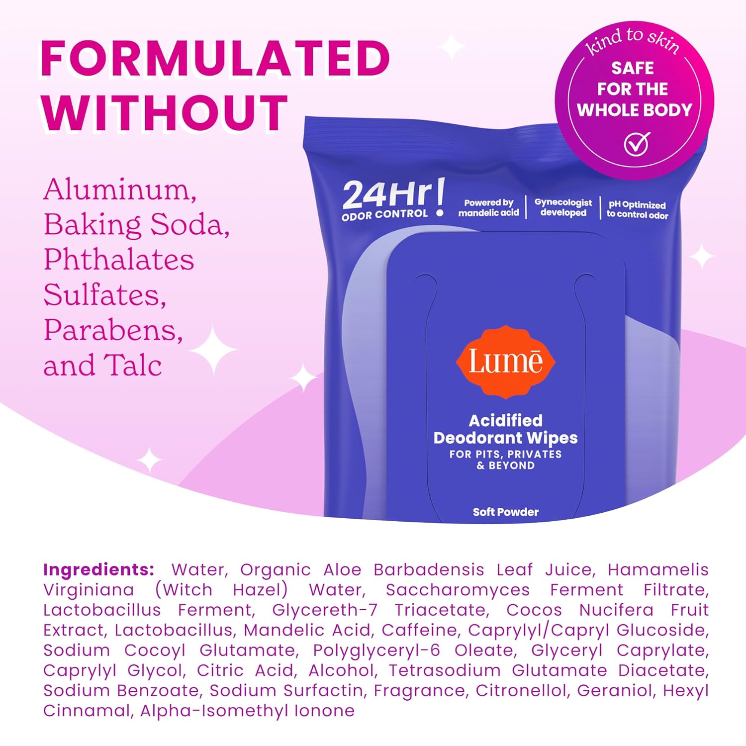 Lume Acidified Deodorant Wipes - 24 Hour Odor Control - Whole Body Deodorant Wipes - Aluminum Free, Baking Soda Free, Skin Loving - Flushable - 15 Count - 3 Pack (Soft Powder) - Image 5