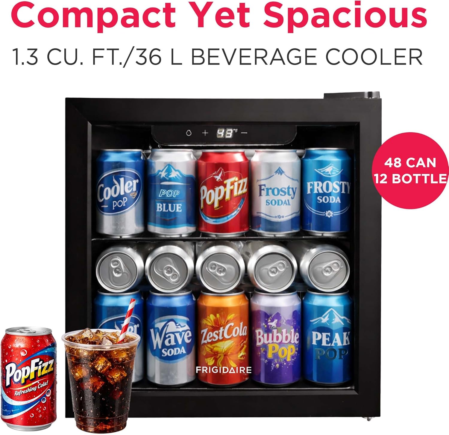 FRIGIDAIRE 12-Bottle Cooler, 1.2 Cu. Ft. Glass Door Beverage Refrigerator, Digital Display Mini Fridge with Touch Controls, Adjustable Shelves, LED Lighting & Quiet Compressor Cooling - Image 3