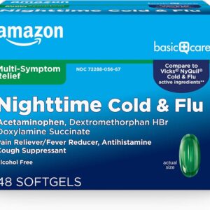 Amazon Basic Care Nighttime Cold & Flu Relief, Pain Reliever, Fever Reducer, 6 Hour Cold Medicine, Cough Suppressant, Antihistamine, 48 Count