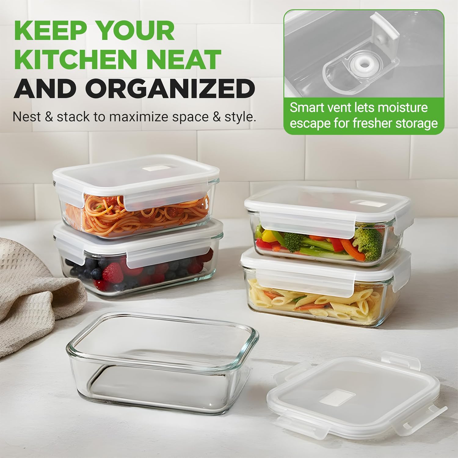 NutriChef 10-Piece Superior Glass Food Storage Containers Set (5 Containers + 5 Locking Lids),Stackable Meal-prep Design, BPA-free Airtight Clear Locking lids with Vent Lids & Air Hole, NCCLX5 - Image 7