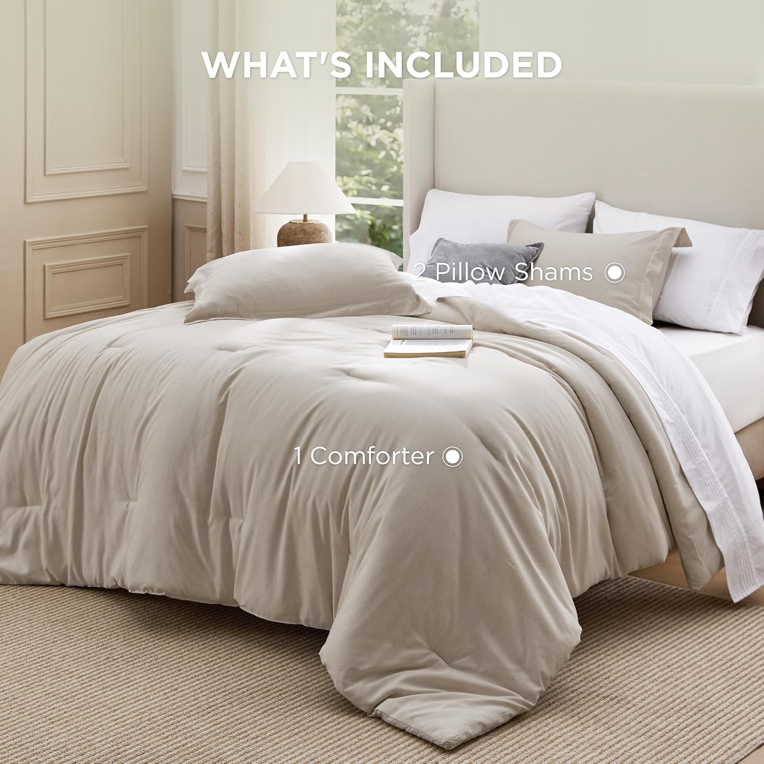 Bedsure Queen Comforter Set - Beige Soft Bedding for All Seasons, Cationic Dyed Bed Set, 3 Pieces, 1 Queen Size Comforter (90"x90") and 2 Pillow Shams (20"x26"+2") - Image 9