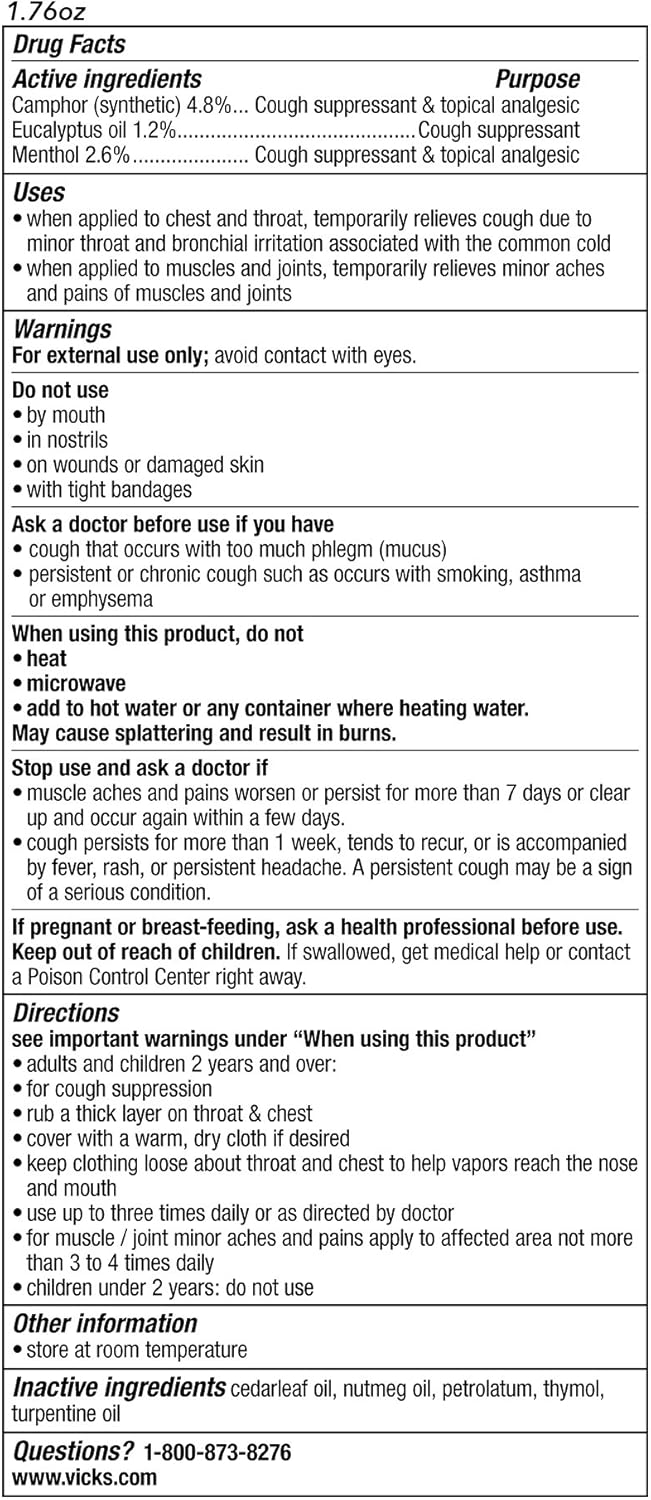 Vicks VapoRub, Original, Cough Suppressant, Topical Chest Rub & Analgesic Ointment, Medicated Vicks Vapors, Relief from Cough Due to Cold, Aches & Pains, 1.76oz - Image 6