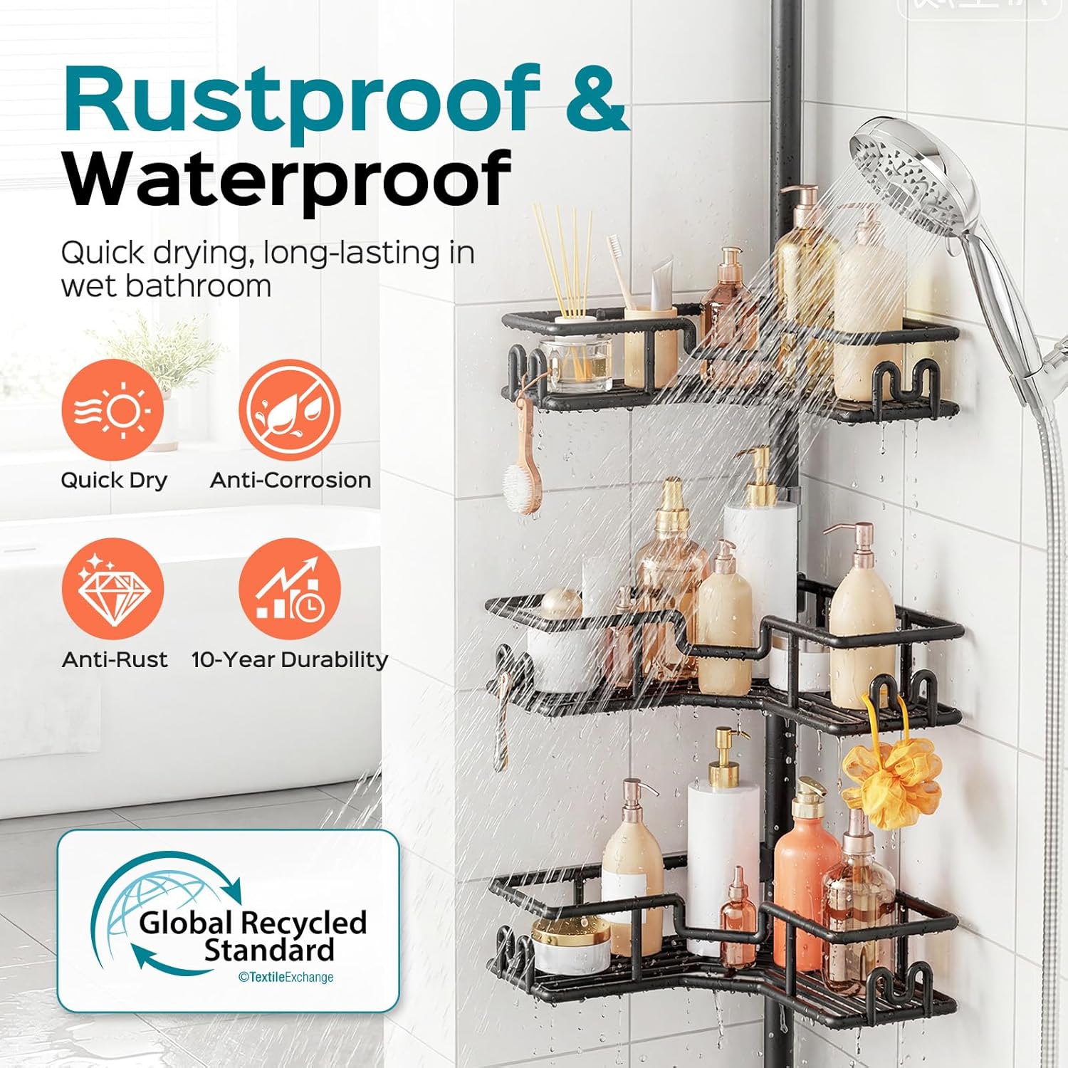 HAMITOR Shower Caddy Tension Pole: 4-Tier Adjustable Corner Bathroom Organizer - Heavy Duty Rustproof L-Shaped Shelves- No Drilling Space-Saving Storage Rack for Family & Renters- 47-123 inch Black - Image 3