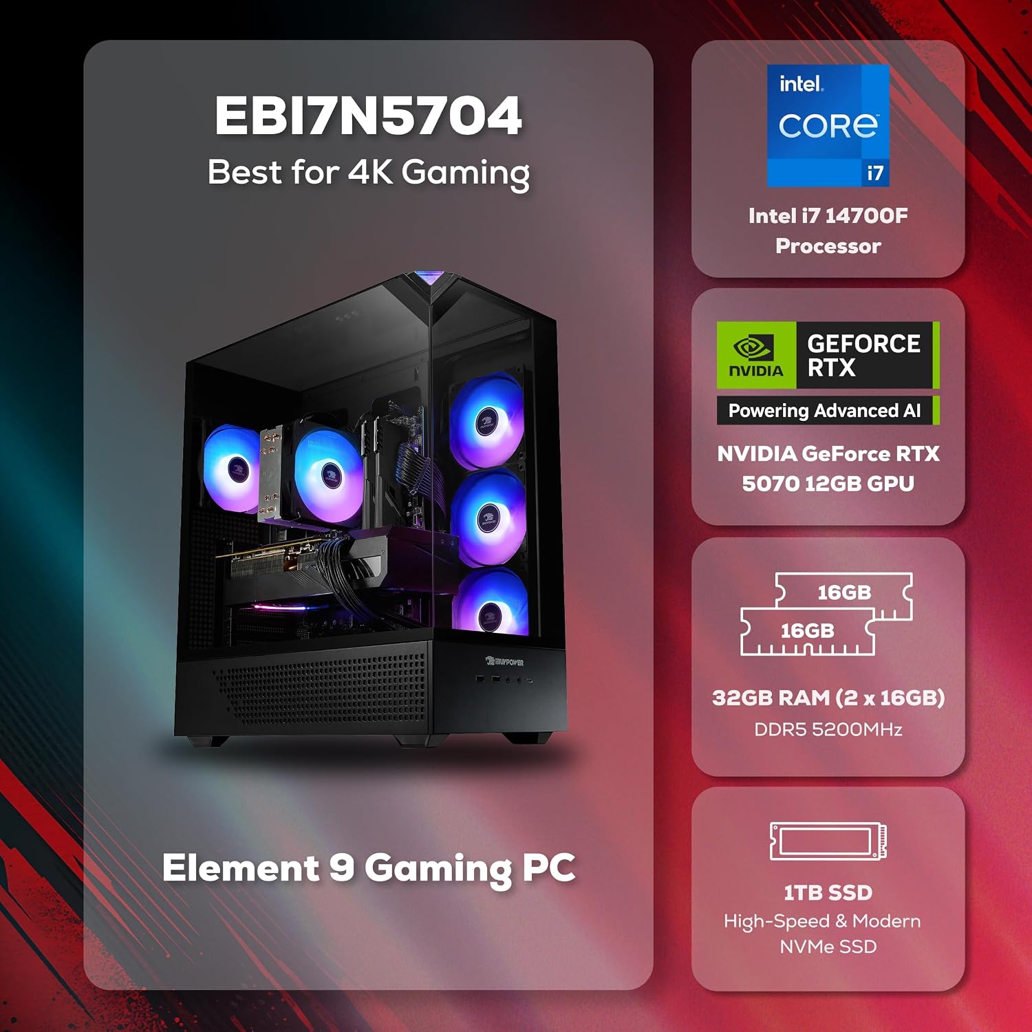 iBUYPOWER Element Gaming PC Desktop Computer Intel Core i7 14700F CPU, NVIDIA GeForce RTX 5070 12GB GPU, 32GB DDR5 RGB 5200MHz RAM, 1TB NVMe SSD, Windows 11 Home, Gamer Keyboard and Mouse - EBI7N5704 - Image 4
