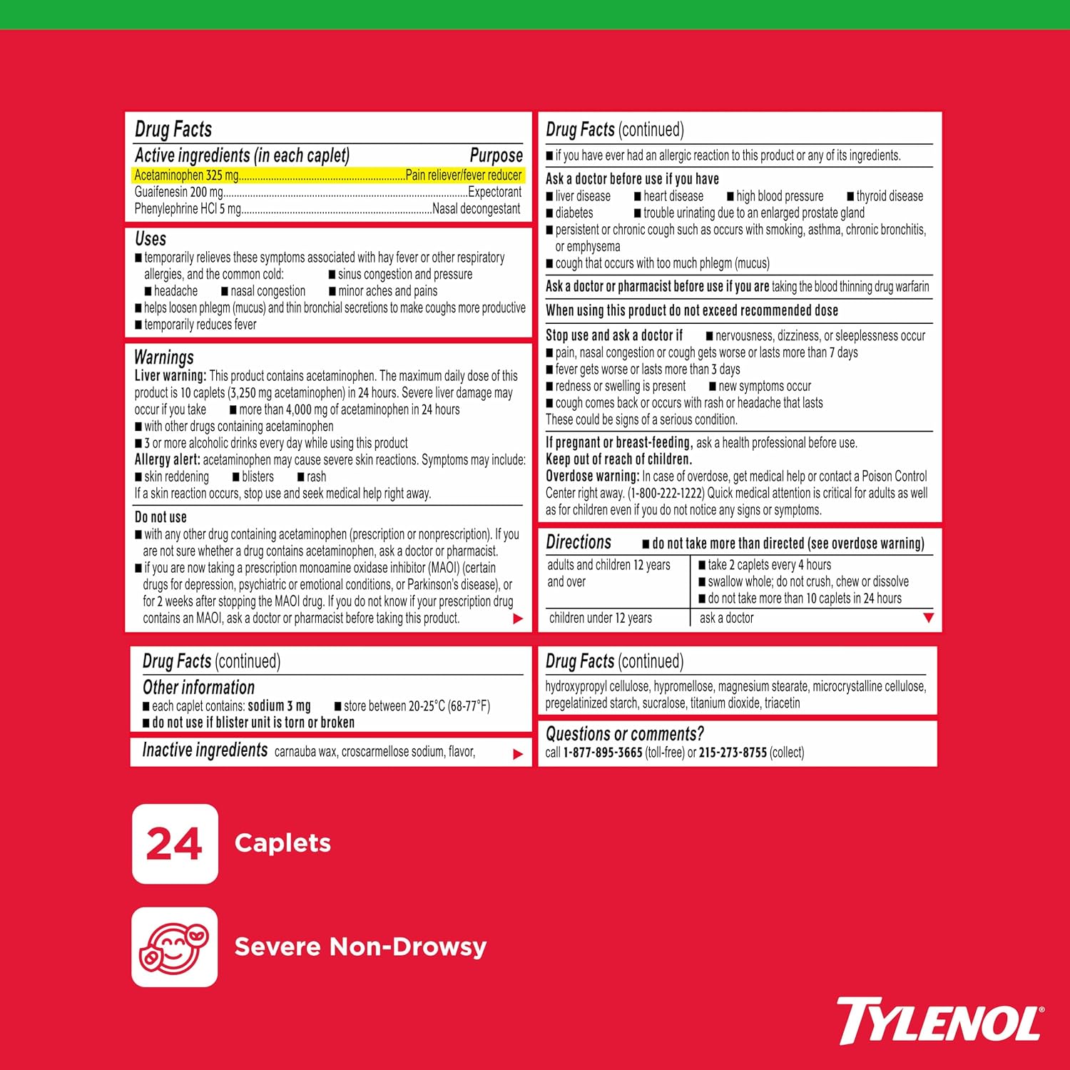 Tylenol Sinus Severe Daytime Caplets, Non-Drowsy, Pain Reliever, Pressure and Nasal Congestion Relief, Fever Reducer, Expectorant, Acetaminophen, Guaifenesin, Phenylephrine HCL, 24 Count - Image 8