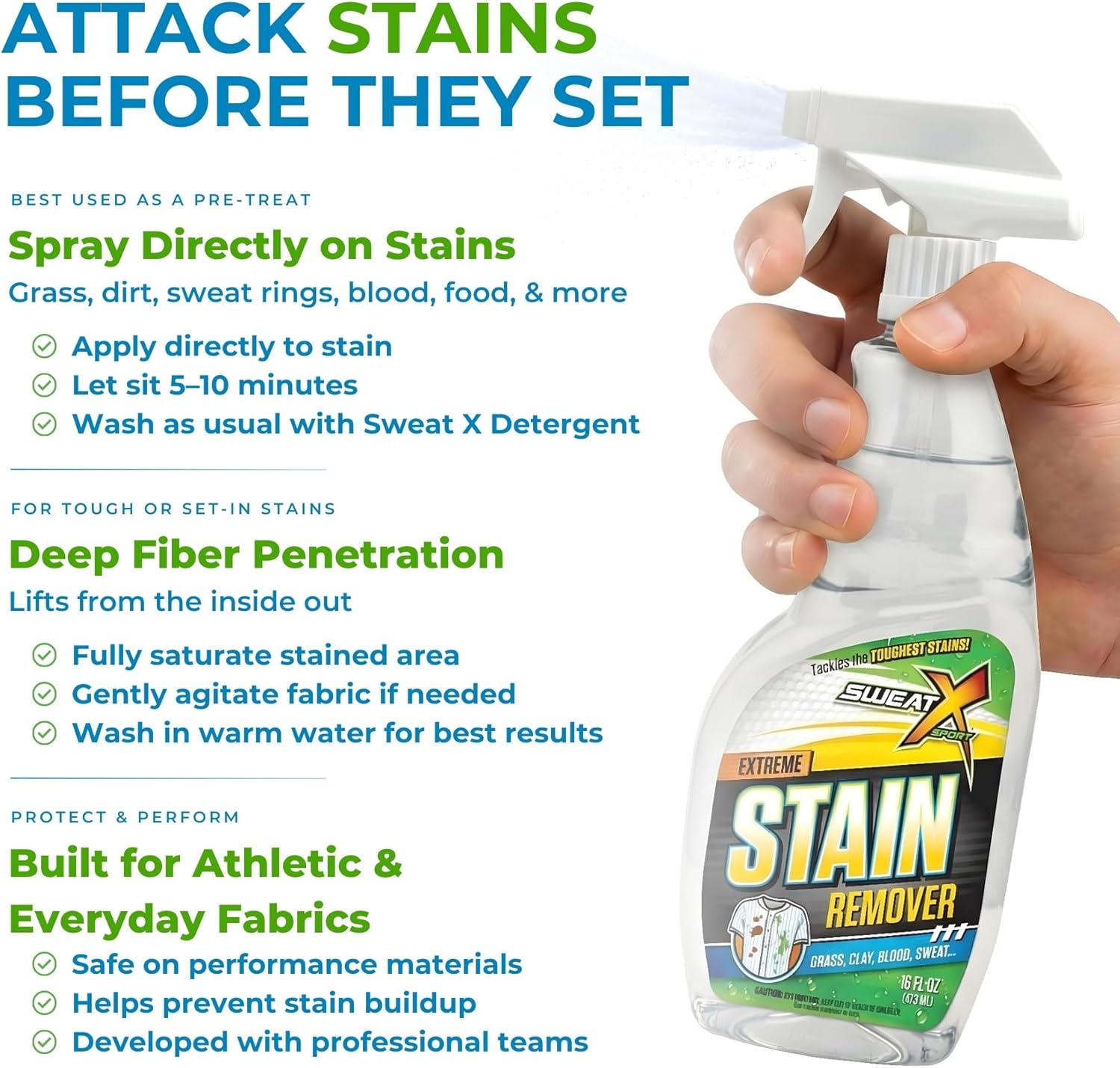 SWEAT X Extreme Stain Remover Spray for Clothes - Professional Laundry Stain Remover Spray for Performance Fabrics & Activewear - Powerful Stain Treater & Spot Remover for Clothes - 16 oz (1 Bottle) - Image 8