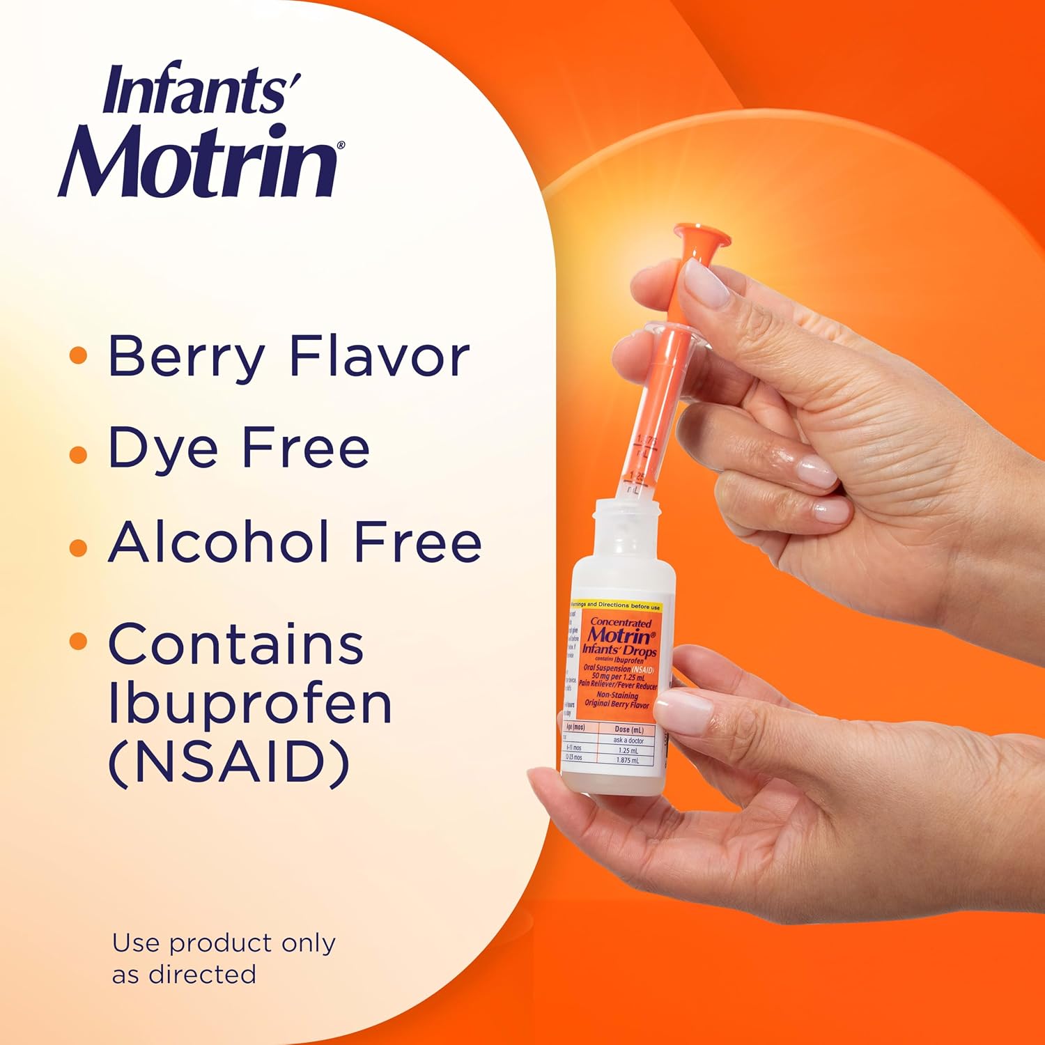 Motrin Infants' Ibuprofen, Fever Reducer, Dye and Alcohol Free, Concentrated Drops, Oral Suspension, Includes Clear Syringe with Markings for Dose Measuring, Berry Flavor 1 Fluid Ounce - Image 4