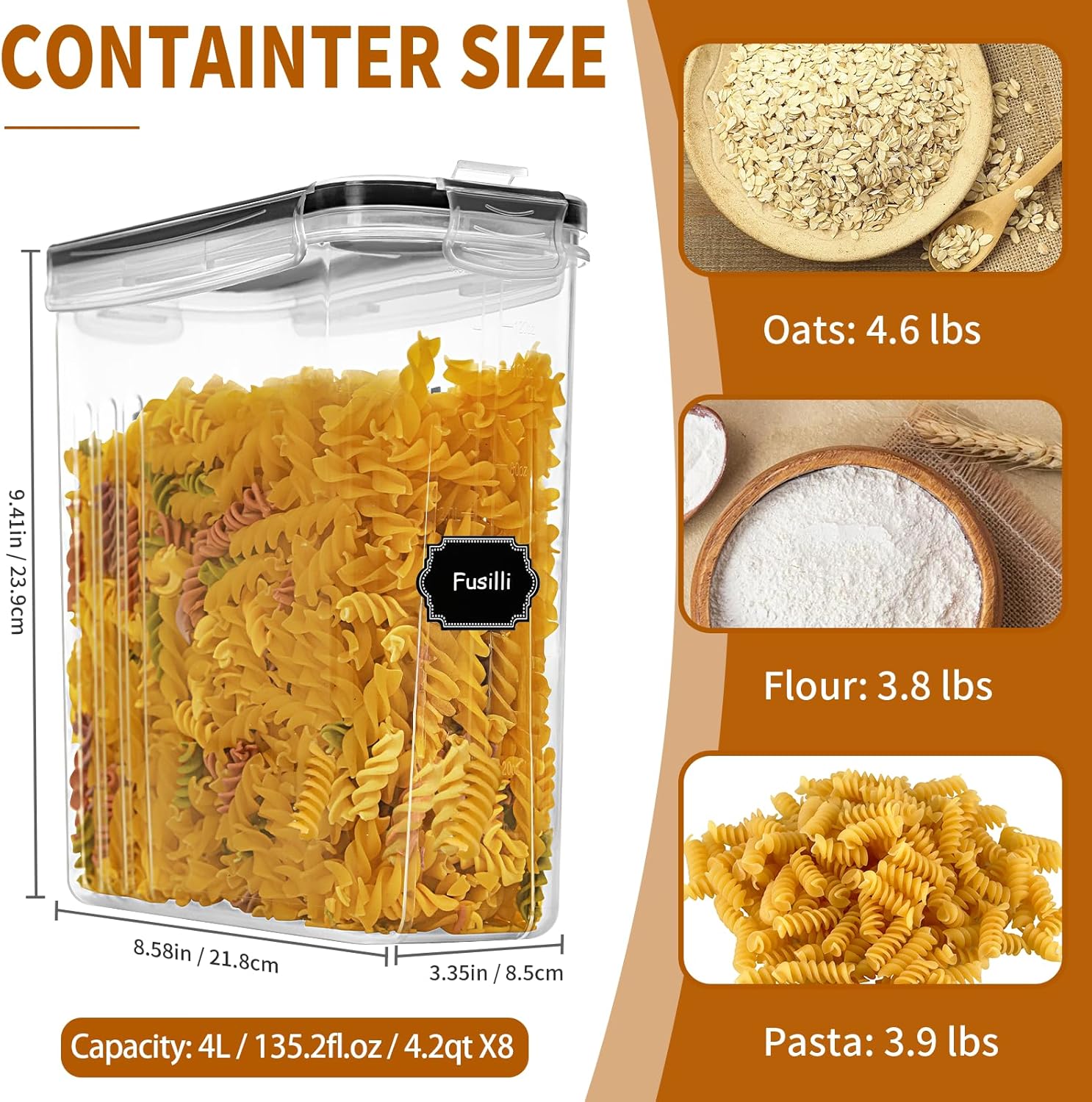 Cereal Containers Storage Set (4L / 135.2oz), 8PCS Airtight Food Storage Containers with Lids, Cereal Dispensers for Kitchen Pantry Organization and Storage with Pour Spout, 20 Labels, Marker - Image 3
