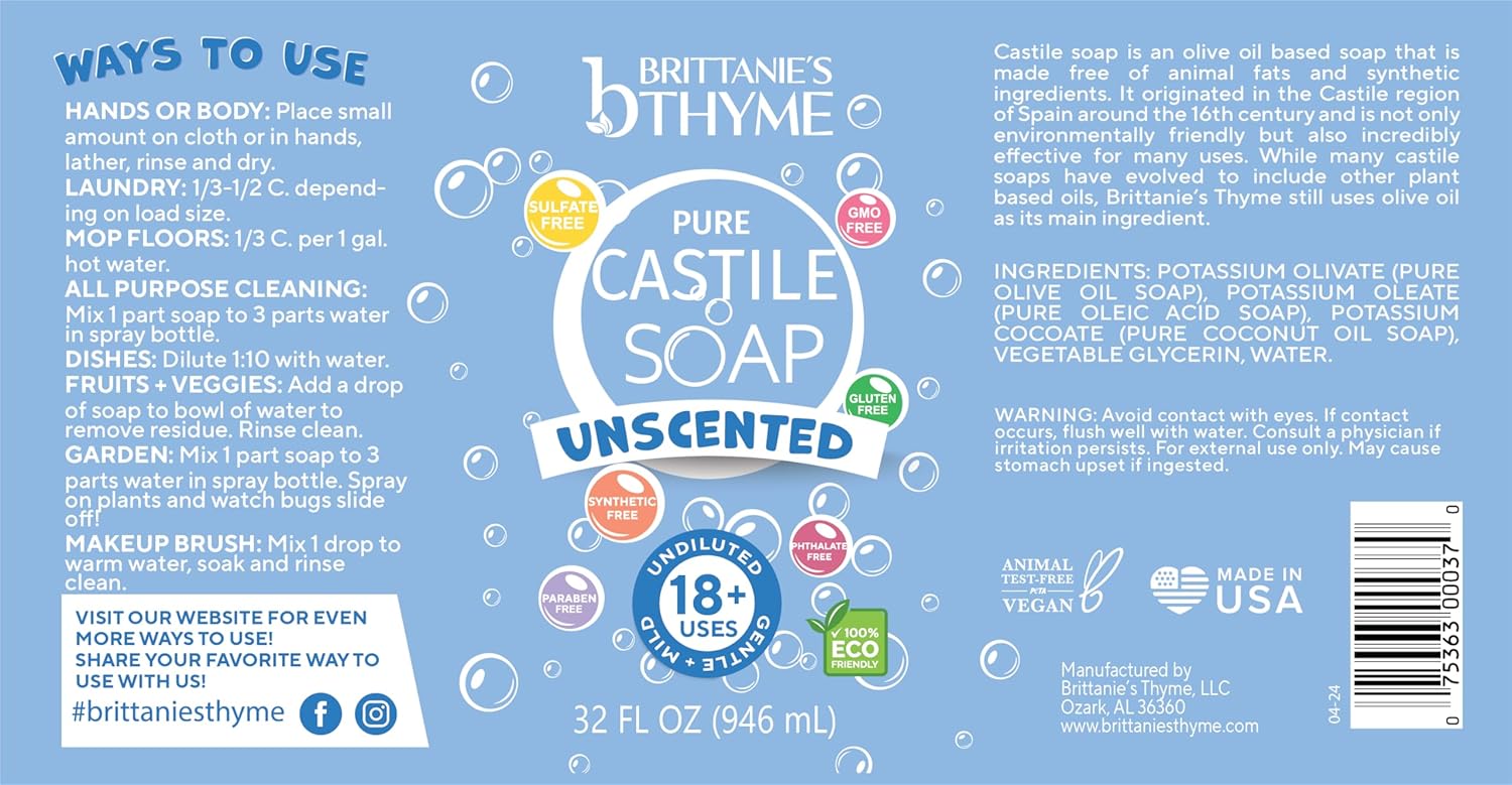 Brittanie’s Pure Castile Liquid Soap Refill, Unscented, 32 Ounce Pack of 2 | Dish Soap, Hair & Body, Home, Gentle and Pure, Made with Natural Luxurious Oils, Vegan & Gluten Free Non-GMO - Image 3