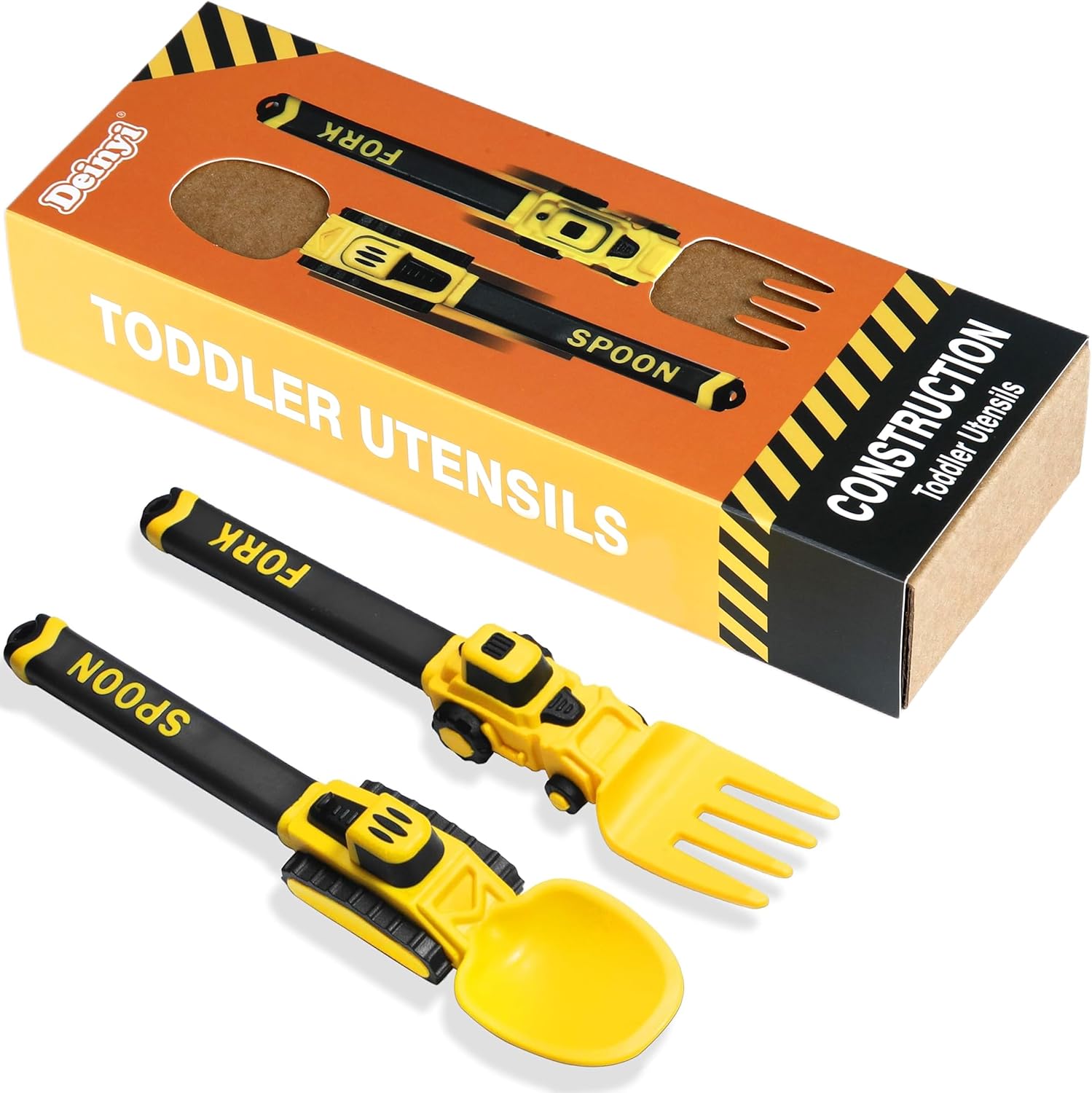 Deinyi Construction Toddler Utensils - Reusable Plastic Toddler Fork and Spoon & Storage Case - Suitable for Kids Utensils - Easter Gifts and Birthday Gifts for 1 2 3 4 5 6 7 year old, Yellow - Image 2