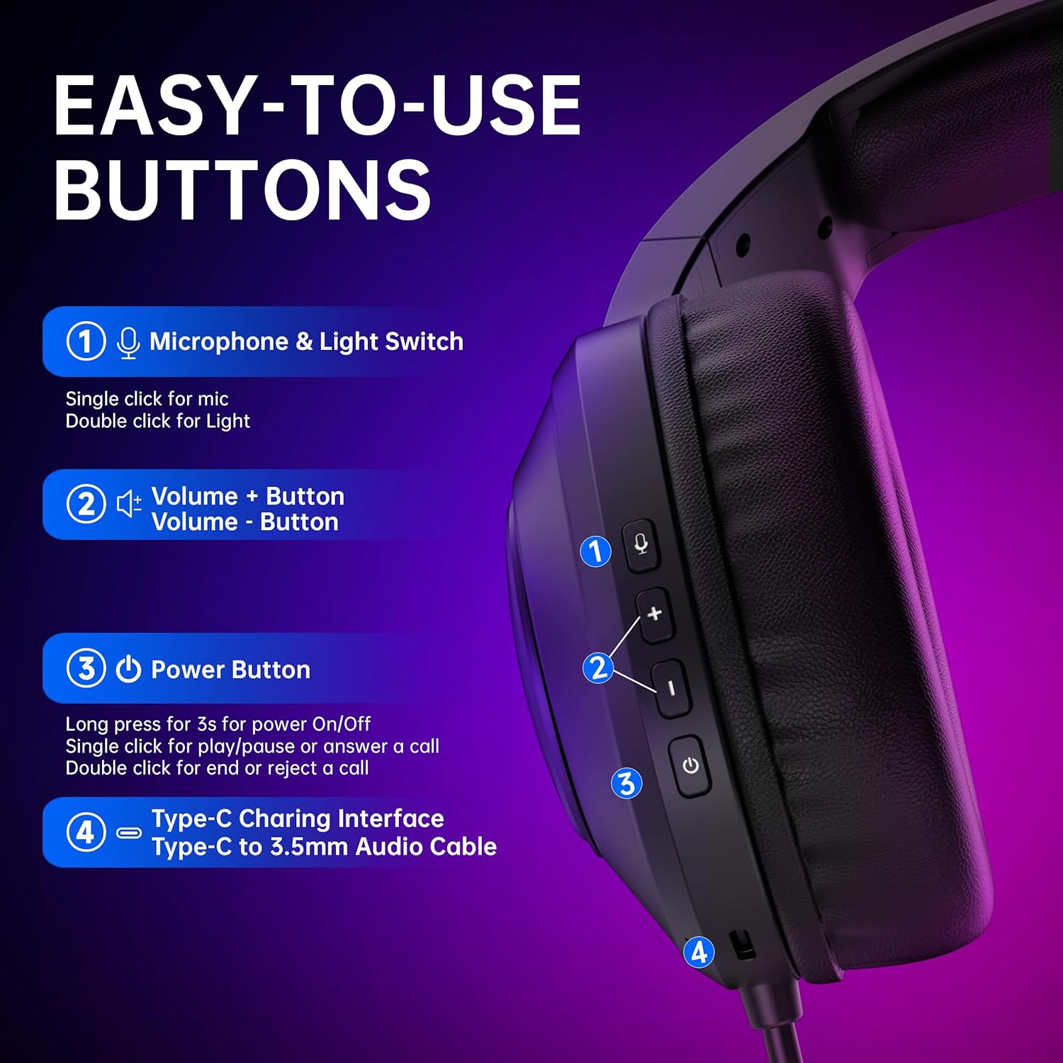 AOC Wireless Gaming Headset Compatible with PS5/4, Nintendo Switch, PC, Bluetooth 5.4 & 2.4GHz Gaming Headphones with Noise Canceling Mic, RGB, Type-C, 20ms Latency, 45H, 7.1 Virtual Surround- Black - Image 8