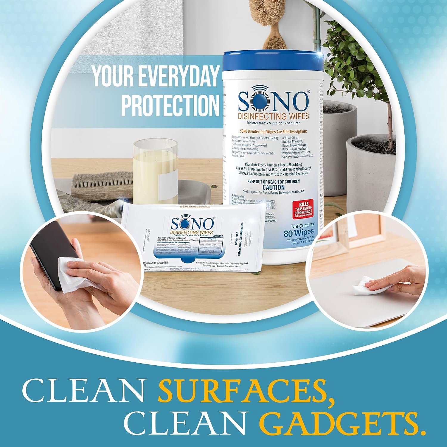 SONO Disinfecting Wipes - 80 Count (Canister of 1) and 60 Count (Pack of 3) + Sanitizer, Medical-Grade, Alcohol-Free, No Bleach, Gentle & Effective Multi-Surface Cleaning Solution - Image 5