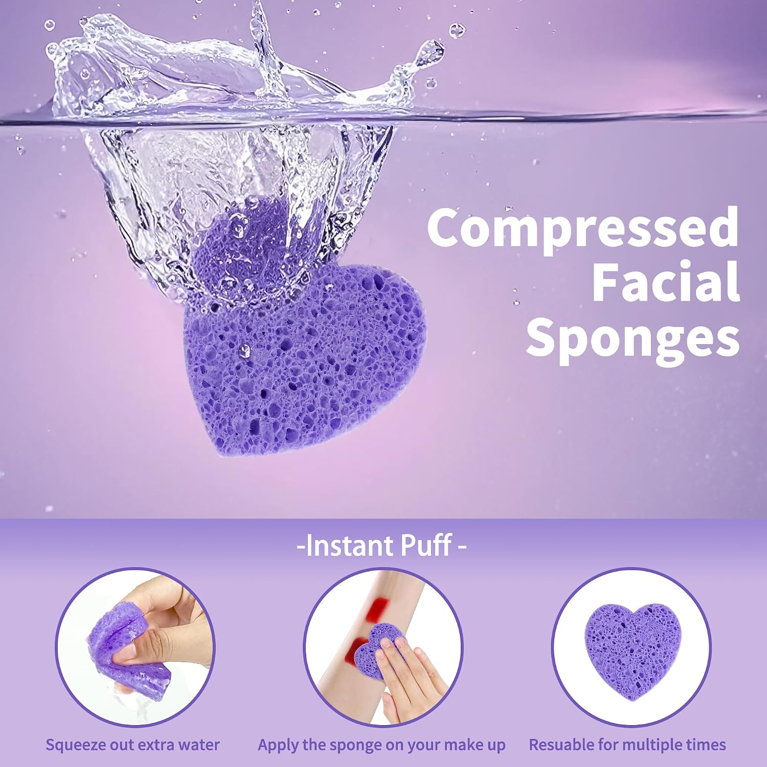 100-Count Compressed Facial Sponges, Heart Shape Face Sponge for Cleansing, Natural Cosmetic Spa Sponges for Facial Cleansing, Exfoliating Mask (Purple Heart Sponges) - Image 3