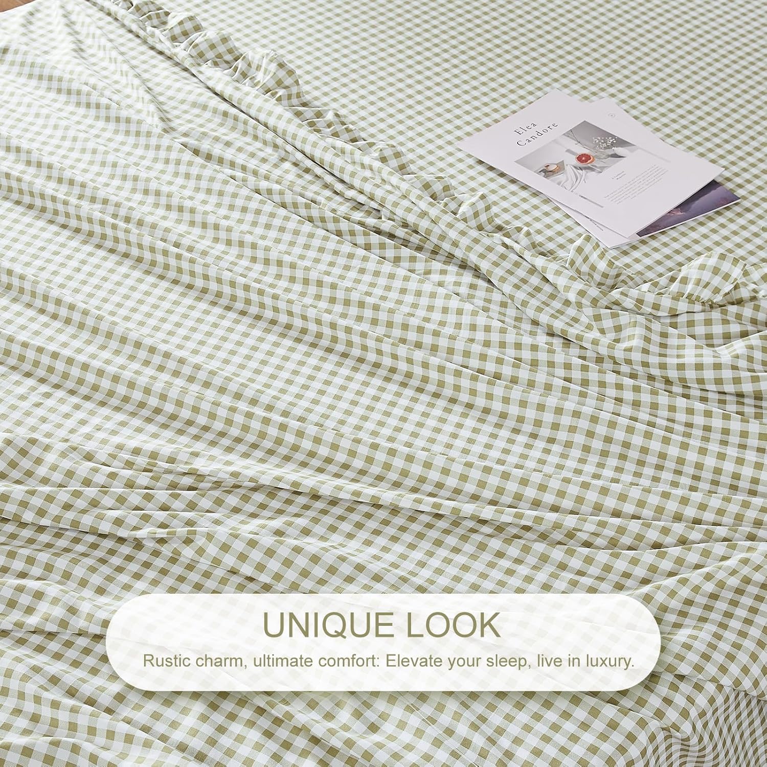 Gingham Queen Sheet Set, Lightweight Super Soft Brushed Microfiber Plaid Bed Sheets with 16" Deep Pocket, 4 Piece Ruffle Farmhouse Bedroom Decor, Sage Green - Image 7