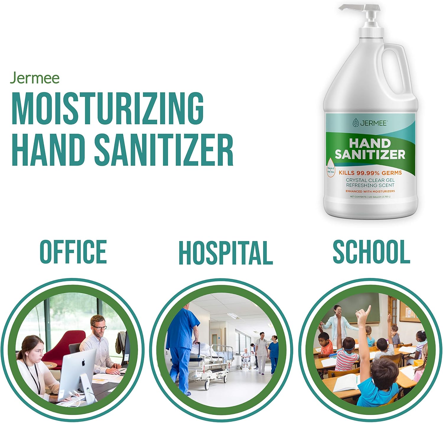 JERMEE Moisturizing Hand Sanitizer Gel, 70% Alcohol - Kills 99.99% Germs, Enhanced with Vitamin E and Aloe Vera - Crystal Clear Gel, Refreshing Scent, Made in USA - 1 Gallon 4 Pack - Image 3