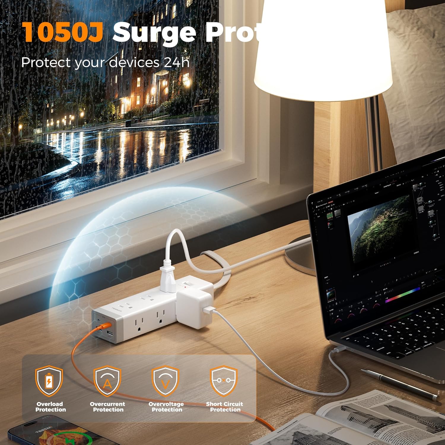 TESSAN Surge Protector Power Strip PD 20W, Ultra Thin Flat Plug 6 FT Extension Cord, 9 Outlets 4 USB(2 USB C), 1050J Protection Multiple Outlets Charging Station for Home, Office, College Dorm Room - Image 5