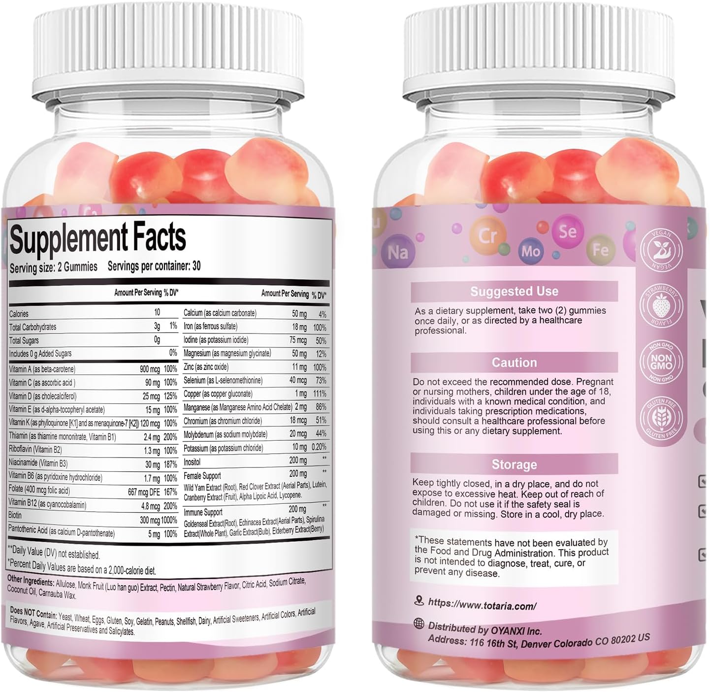 Totaria Sugar Free Multivitamin Gummies for Women 14+ w/Inositol, Iron, Folate, Biotin, Womens Daily Multivitamin Gummy w/Vitamin A, D, C, B, Support Hair, Skin, Energy, Immune, Strawberry Flavor - Image 10