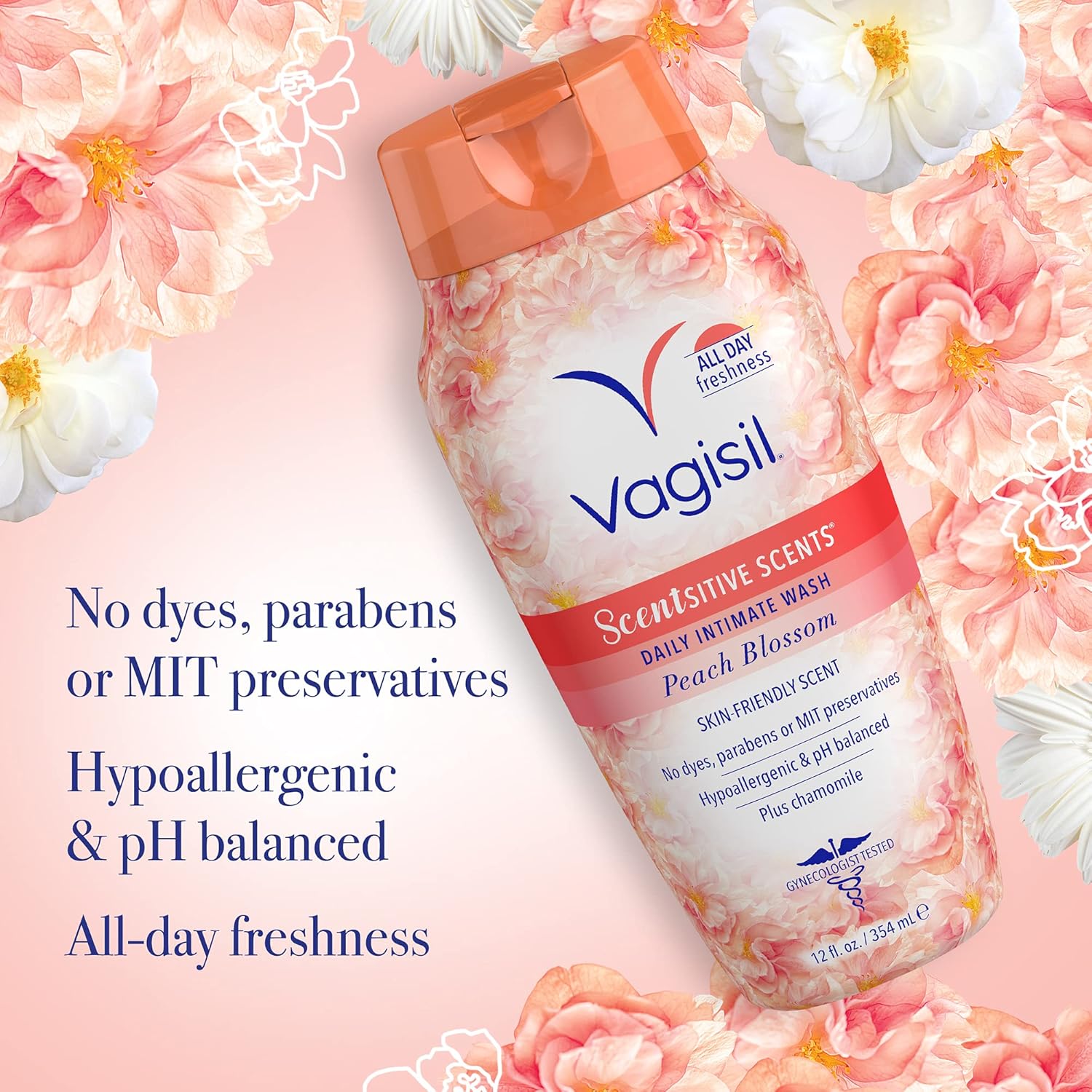 Vagisil Feminine Wash for Intimate Area Hygiene, Scentsitive Scents, pH Balanced and Gynecologist Tested, Peach Blossom, 12 oz (Pack of 1) - Image 4