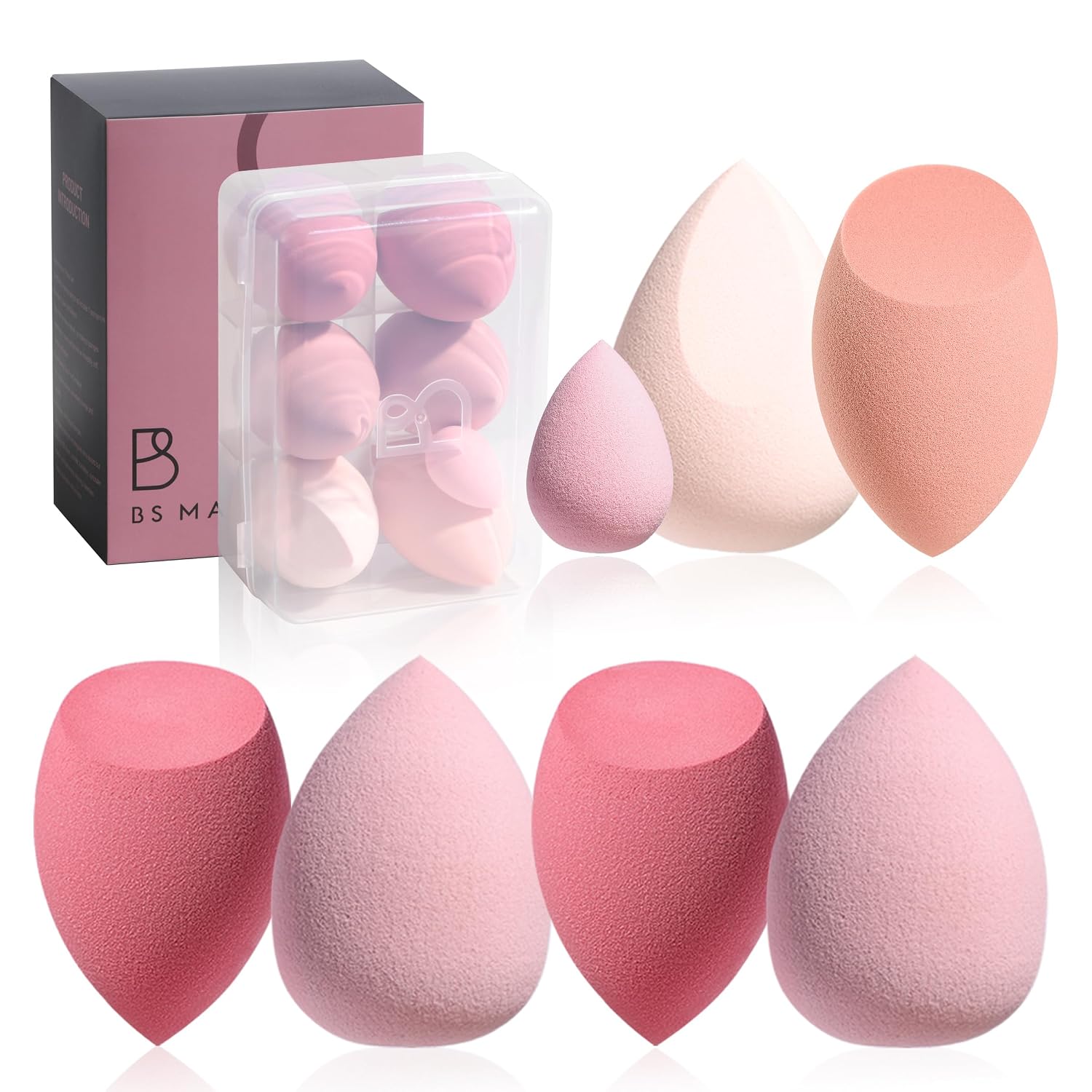Makeup Sponge Set BS-MALL with Storage Case 7 Pcs for Liquid, Cream, and Powder,SAVE Foundation with 1 Mini Makeup Sponge For Travel Daily Use (A-Pink) - Image 2