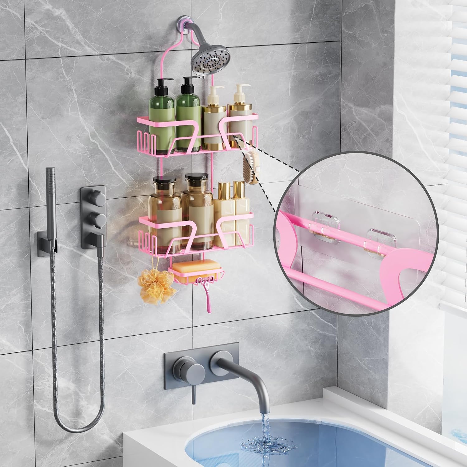 DAOYA Shower Caddy Hanging, Pink Over the Shower Head Caddy with Soap Holder, Bathroom Organizer with Hooks for Razors and Bath Sponges - Image 6
