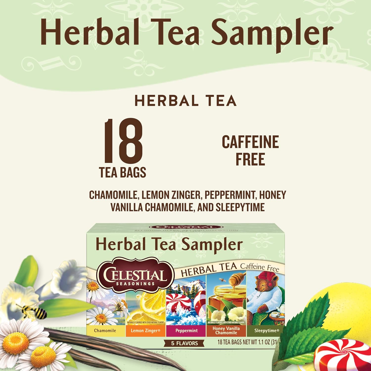 Celestial Seasonings Herbal Tea Sampler Variety Pack, Caffeine Free, 18 Tea Bags Box - Image 3