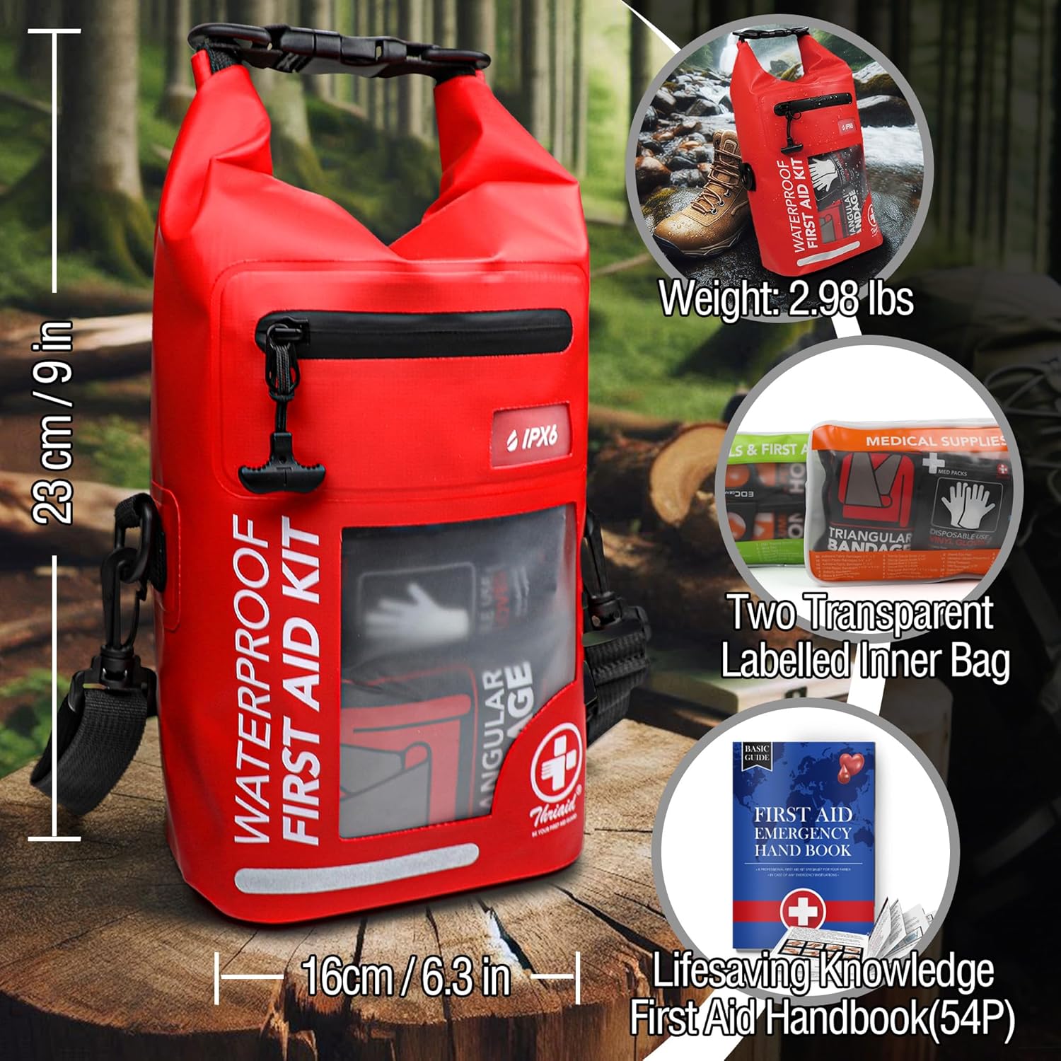 250 PCS Waterproof First Aid Kit, Roll Top Reflective Boat Dry Bag Bug Out Bags, Emergency Medical Kit Ideal for Boating, Camping, Fishing, Kayaking, Floating, Red - Image 8