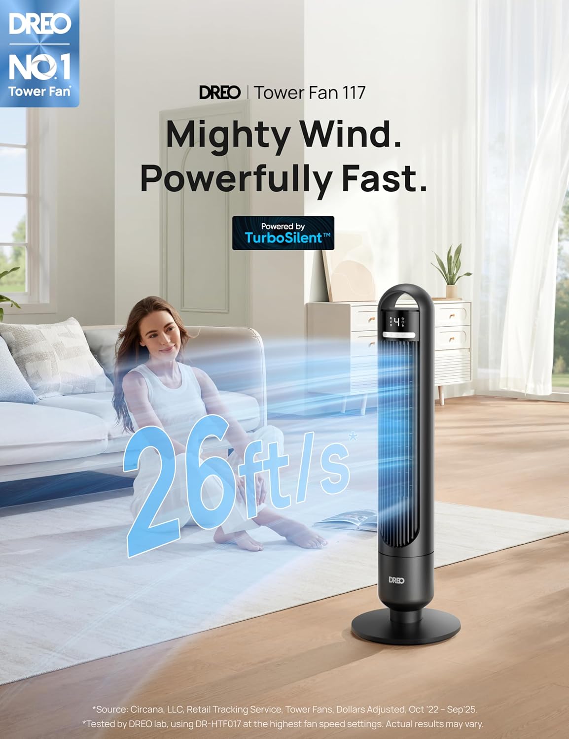 DREO Tower Fan for Bedroom, 90ยฐ Oscillating Standing Fans for Room with 4 Speeds, 3 Modes, 28dB Quiet for Sleep, 26ft/s Velocity, 8H Timer, Remote, Living Room, Office, Home, Black - Image 2
