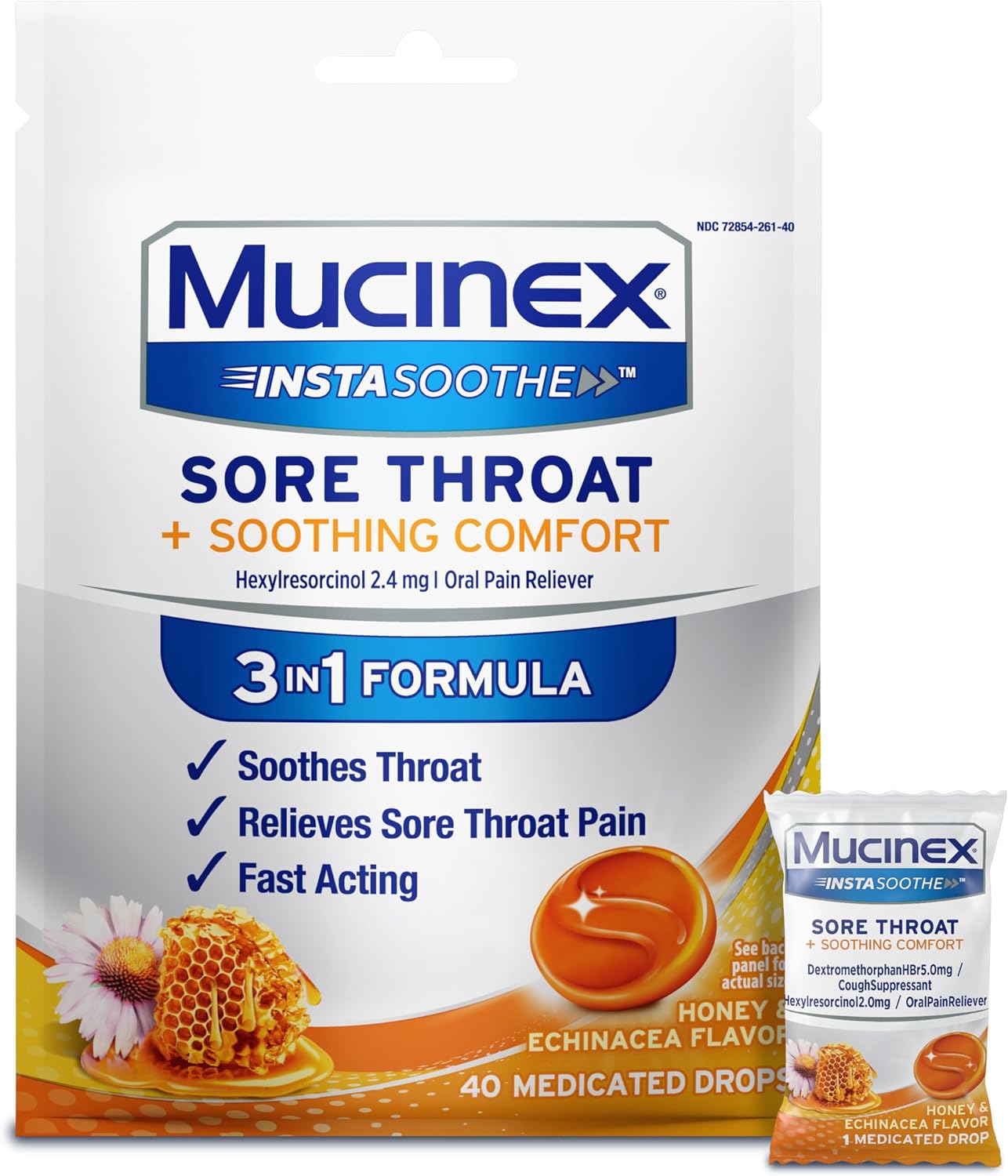 Mucinex Instasoothe Sore Throat Relief Drops, Sore Throat Lozenges, Sore Throat Medicine with Hexylresorcinol, Cough Drops Alternative, Honey & Echinacea Flavor Medicated Numbing Throat Drops, 40 ct - Image 2
