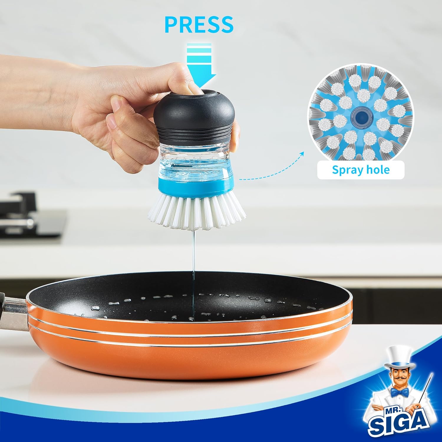 MR.SIGA Soap Dispensing Palm Brush, Kitchen Brush for Dish Pot Pan Sink Cleaning, Pack of 1, Navy/Blue - Image 4