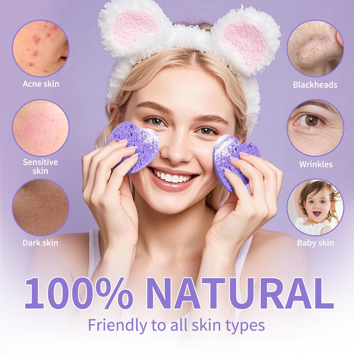100-Count Compressed Facial Sponges, Heart Shape Face Sponge for Cleansing, Natural Cosmetic Spa Sponges for Facial Cleansing, Exfoliating Mask (Purple Heart Sponges) - Image 5