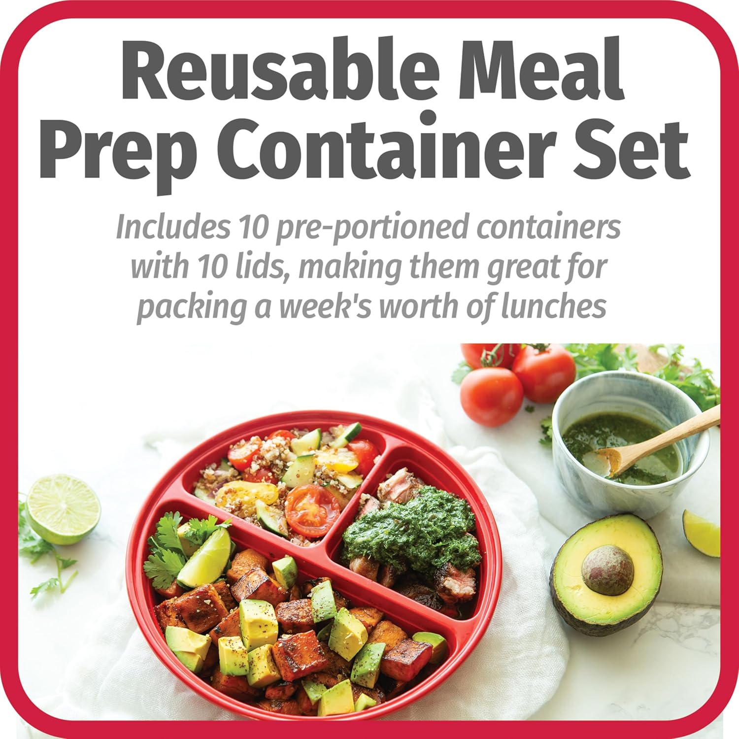 GoodCook Meal Prep Containers Set Microwave & Dishwasher-Safe Round Food Organizers with Labeled Compartments BPA-Free Food Storage Set with Snap Shut Lids Portion Control, 10-Pieces, Red - Image 4