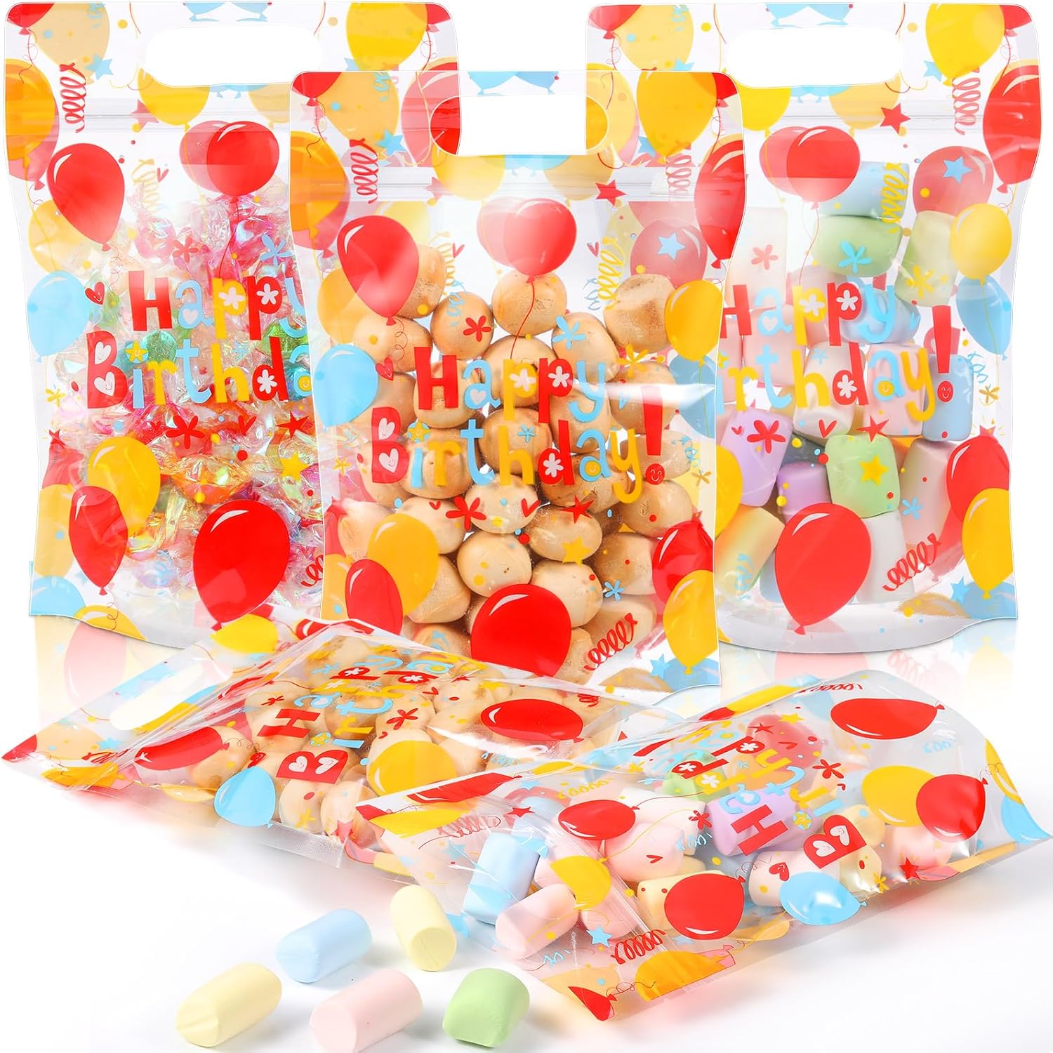 Teenyyou 60 Pcs Happy Birthday Sealing Gift Bags Plastic Colorful Balloon Pattern Zip Closure Bags with Handles for Candy Treat Goodie Cookie Wrapping Birthday Party Favors Supplies - Image 2
