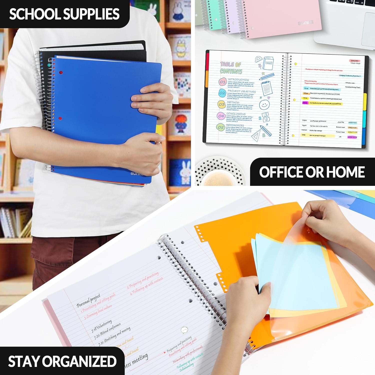 SUNEE 5 Subject Notebook College Ruled - 400 Pages, 9"x11", 5 Pocket Colored Dividers, 3-Hole Punched Paper, Black - Image 9