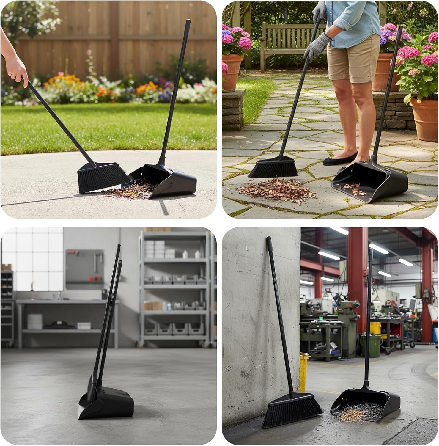 Broom and Dustpan Set with Long Handle and Wheels, Upright Standing Heavy Duty Large Dust Pan and Broom Combo for Indoor Outdoor, Kitchen, Garage, Restaurant Cleaning – Black - Image 8