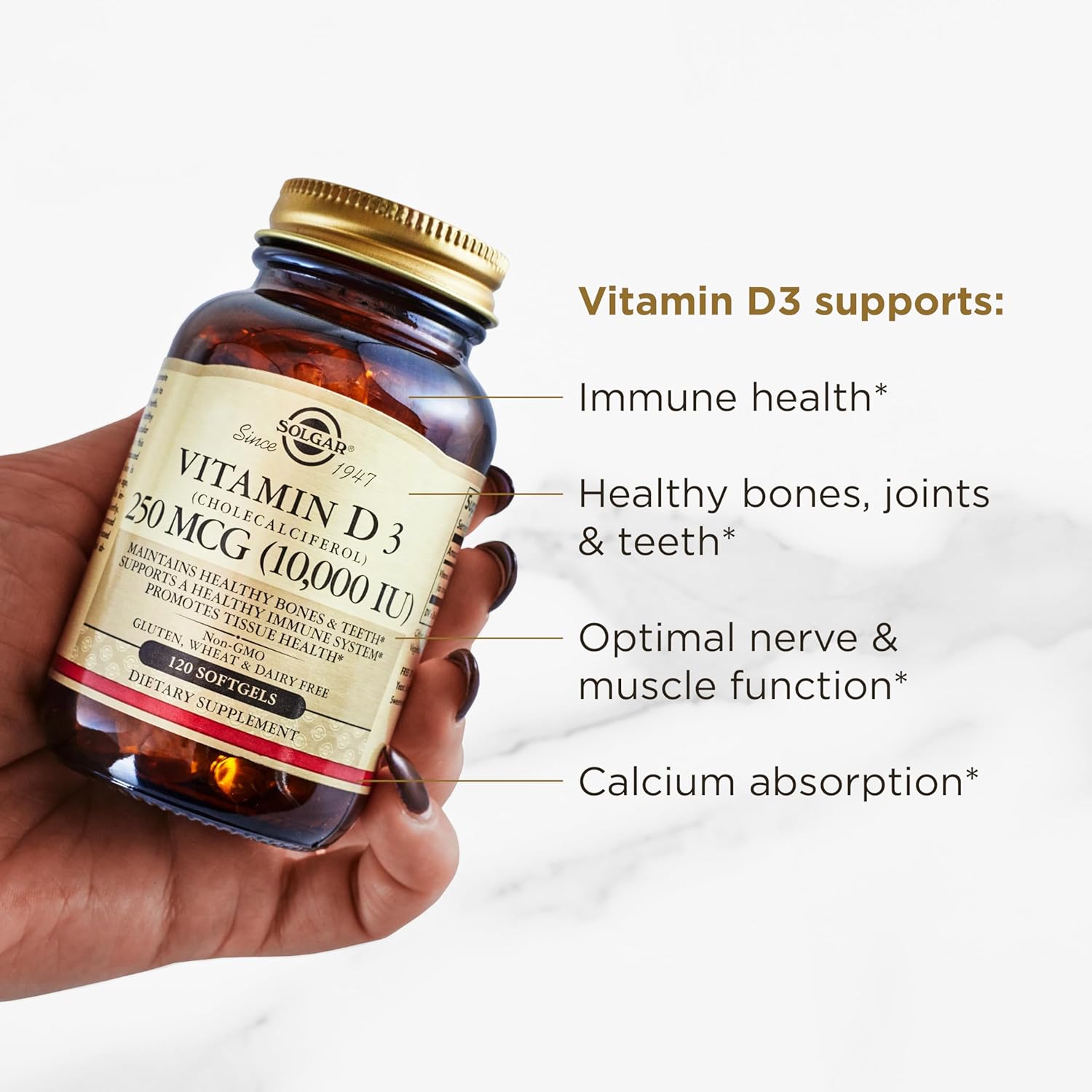 Solgar Vitamin D3 (Cholecalciferol) 250 MCG (10,000 IU), 120 Softgels - Helps Maintain Healthy Bones & Teeth - Immune System Support - Non GMO, Gluten/ Dairy Free - 120 Servings - Image 5