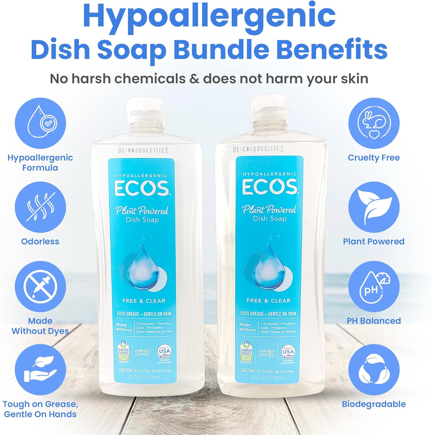 Unscented Dish Soap Liquid Hypoallergenic Cleaning Pack with 1 Natural Sisal Dish Scrub Brush & 2 Unscented Clear Liquid Dishwashing Soap With Biodegradable Formula (3 Items) - Image 7