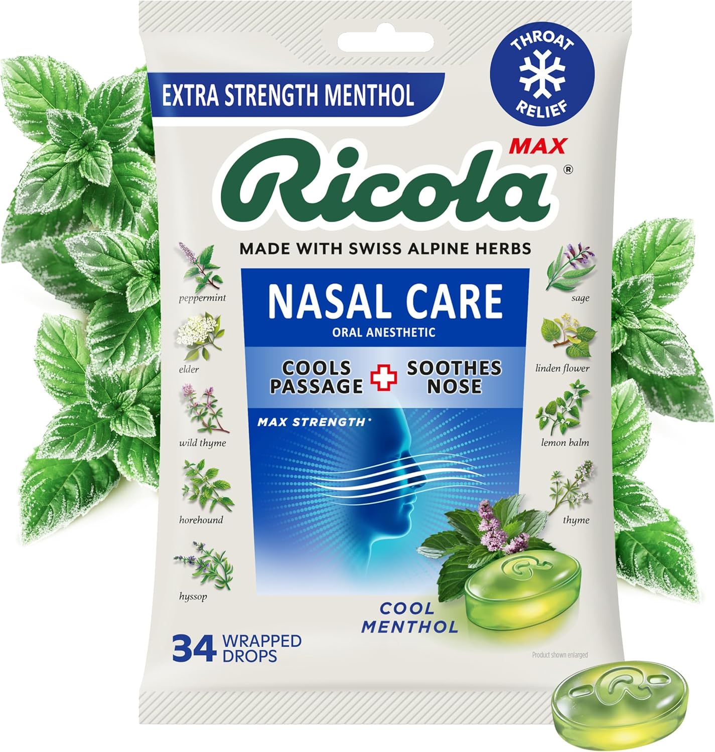 Ricola MAX Nasal Care Cool Menthol Drops with Extra Menthol - Maximum Nasal Comfort and Sore Throat Relief for Cold & Flu Symptoms - 34 Count - Herbal Throat Lozenges - Image 2