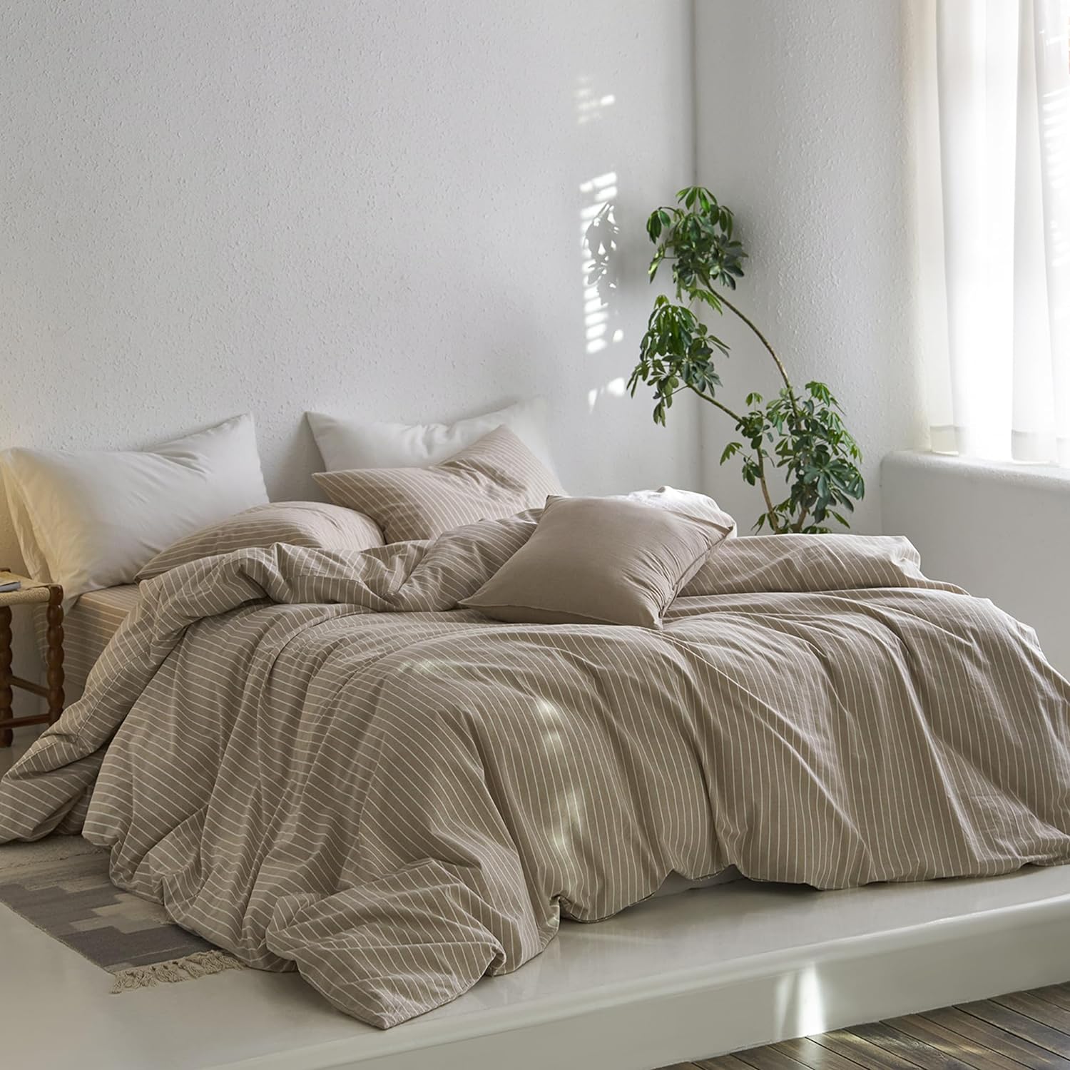 MooMee Striped Duvet Cover Set 100% Washed Cotton Linen Like Textured Breathable Durable Soft Comfy (Tannish Linen Grey White Wide Stripes, King 104"x90") - Image 4