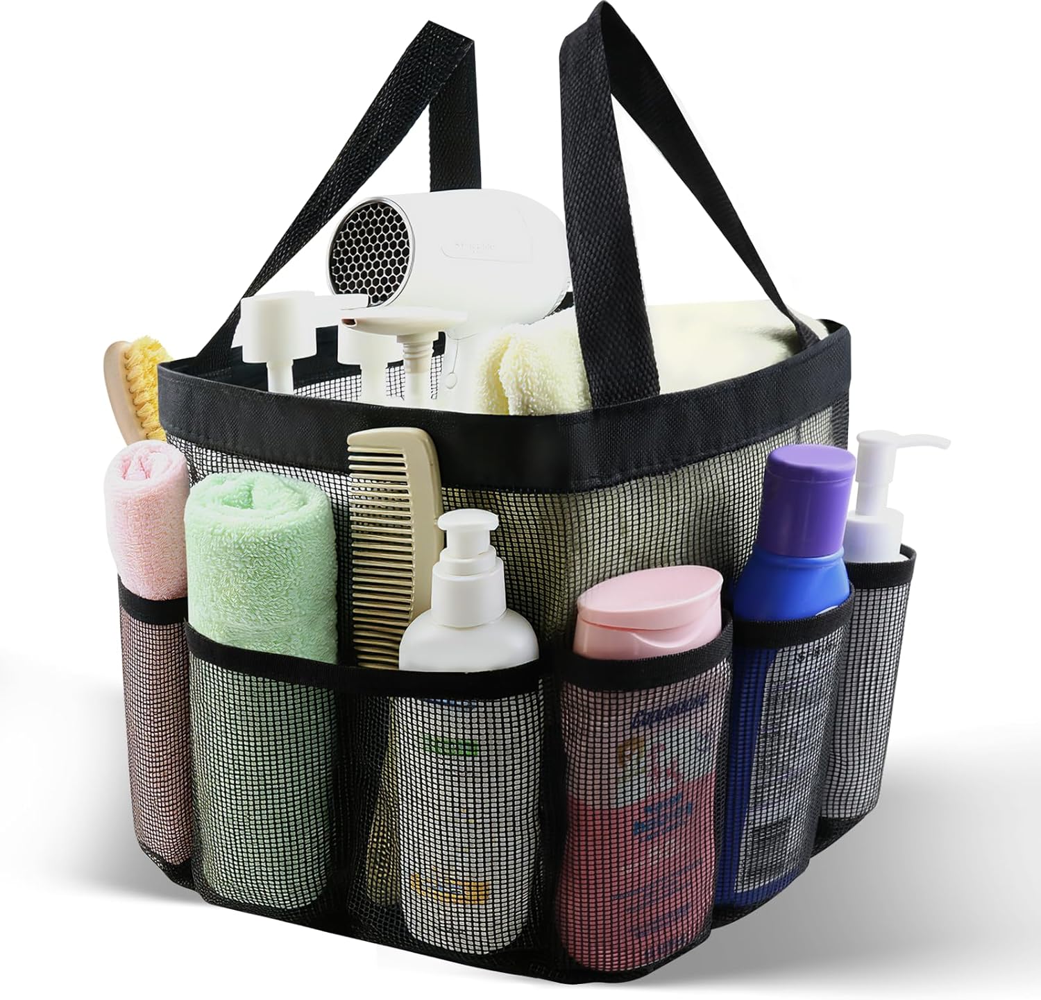 Mesh Shower Caddy Portable, Shower Tote Bag for Dorm Room Essentials, 8 Pockets Large Shower Basket for College Gym Beach Camping (1, Black) - Image 2