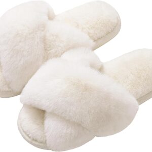 Evshine Women’s Fuzzy Slippers Cross Band Memory Foam House Slippers Open Toe