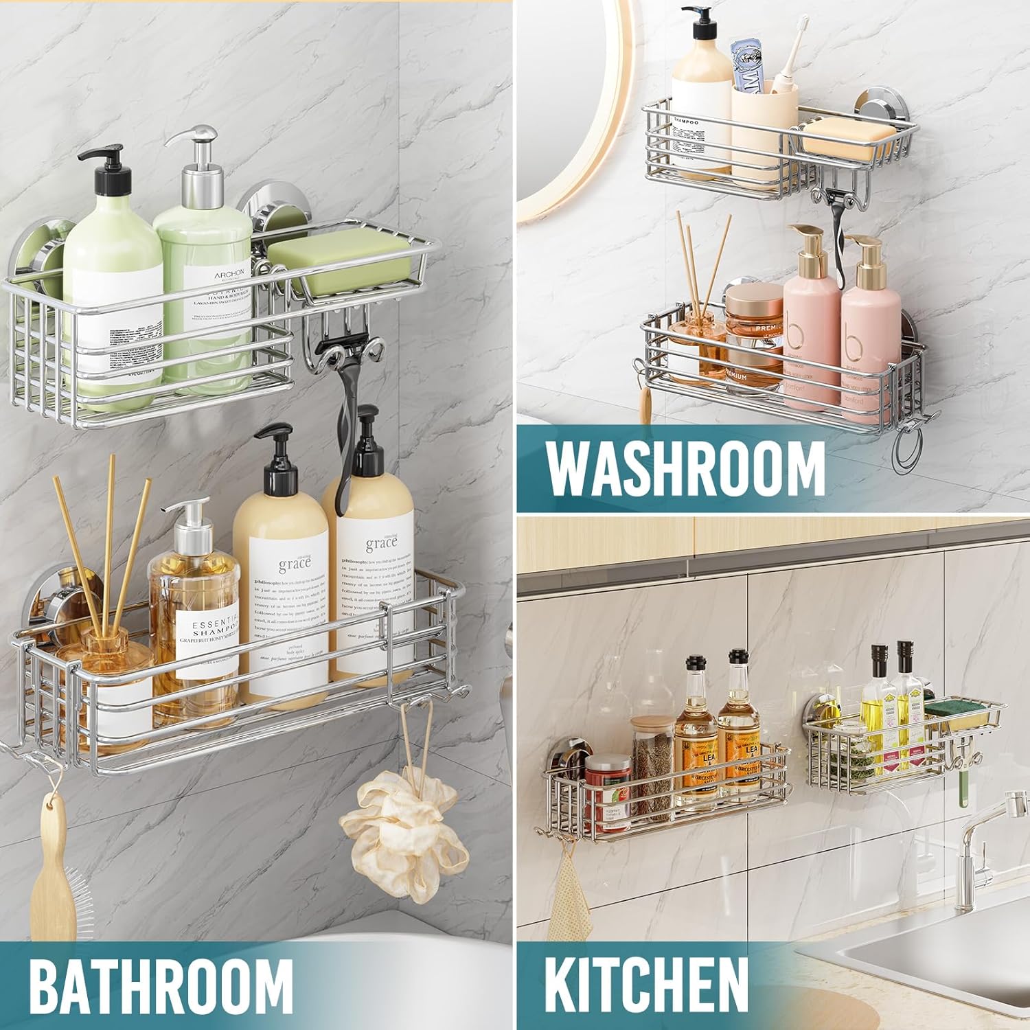 TAILI Shower Caddy Suction Cup 2 Pack with Hooks and Soap Holder, Heavy Duty Shower Organizer for Bathroom, No Drilling Silver Bathroom Suction Shelves-Silver - Image 6