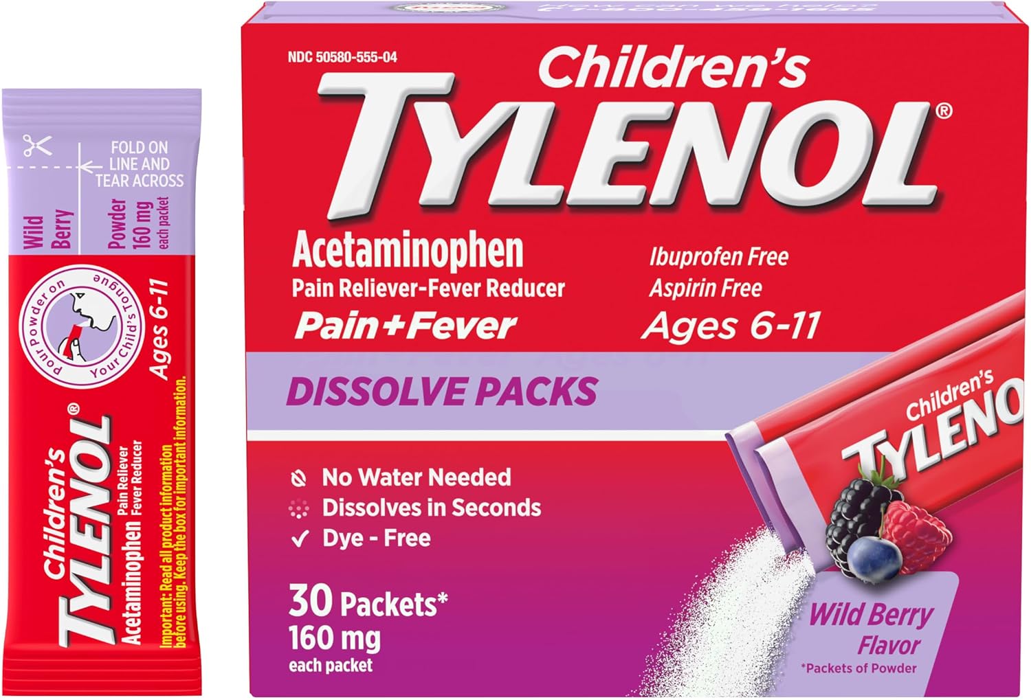 Children's Tylenol Dissolve Packs for Pain Relief, Fever Medication, 160 mg Acetaminophen, Dye Free, Kids' Powder Packets for Cold & Flu Symptom Relief; Wild Berry Flavor, 30 ct.; Pack of 1 - Image 9